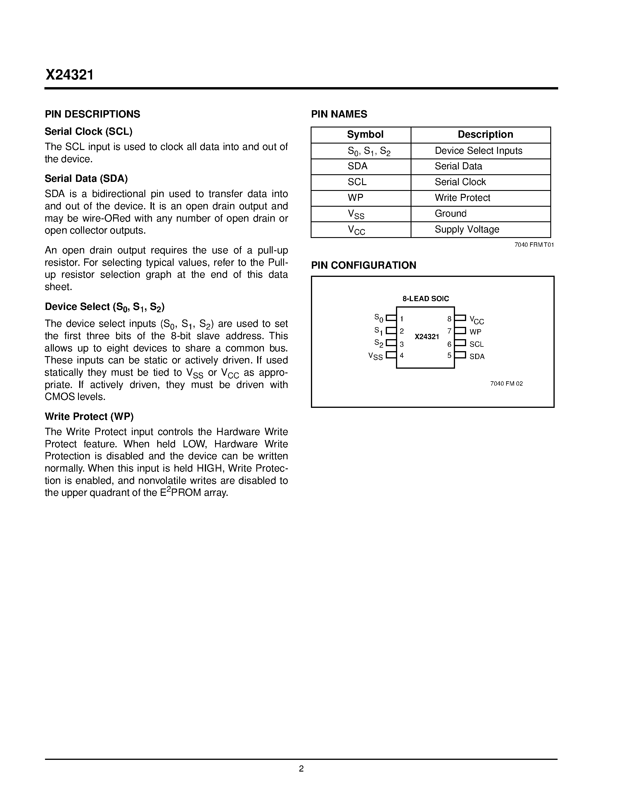 Datasheet X24321S8I-2.5 page 2 Datasheet X24321S8I-2.5 - 400 KHz 2-Wire Serial E2PROM page 2