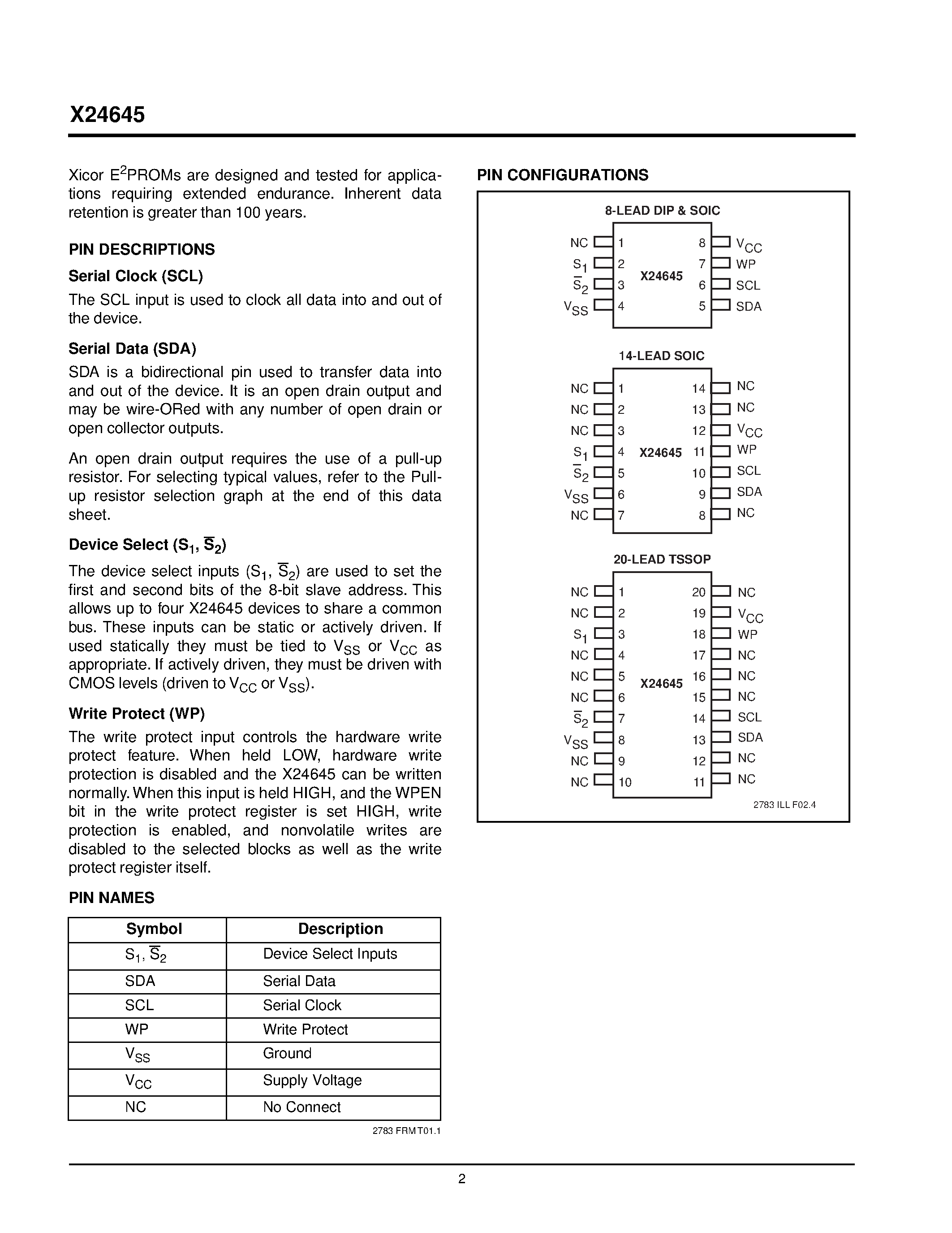 Datasheet X24645S8-2.7 page 2 Datasheet X24645S8-2.7 - Advanced 2-Wire Serial E 2 PROM with Block Lock TM Protection page 2