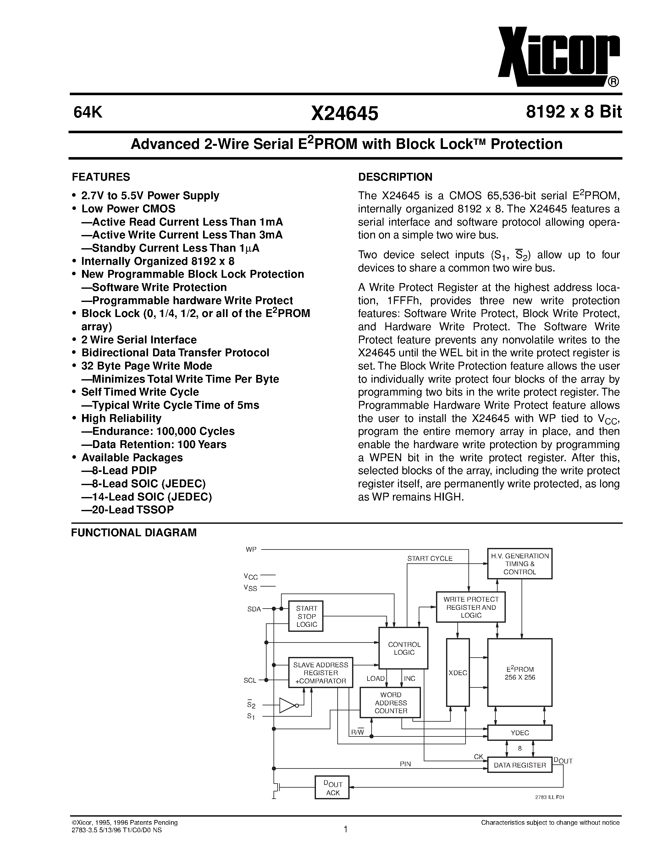 Datasheet X24645V-2.7 page 1 Datasheet X24645V-2.7 - Advanced 2-Wire Serial E 2 PROM with Block Lock TM Protection page 1