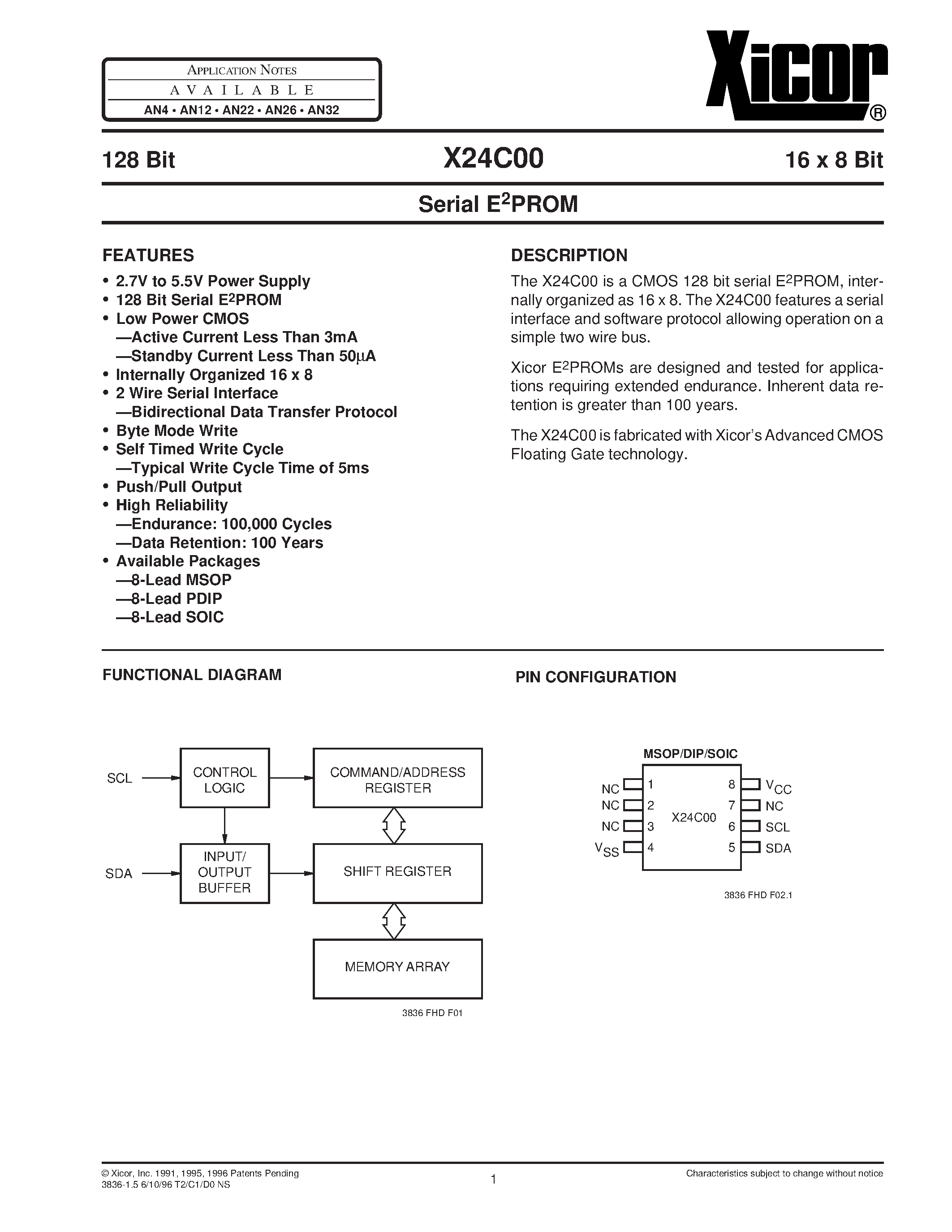 Datasheet X24C00SI-3 page 1 Datasheet X24C00SI-3 - Serial E2PROM page 1