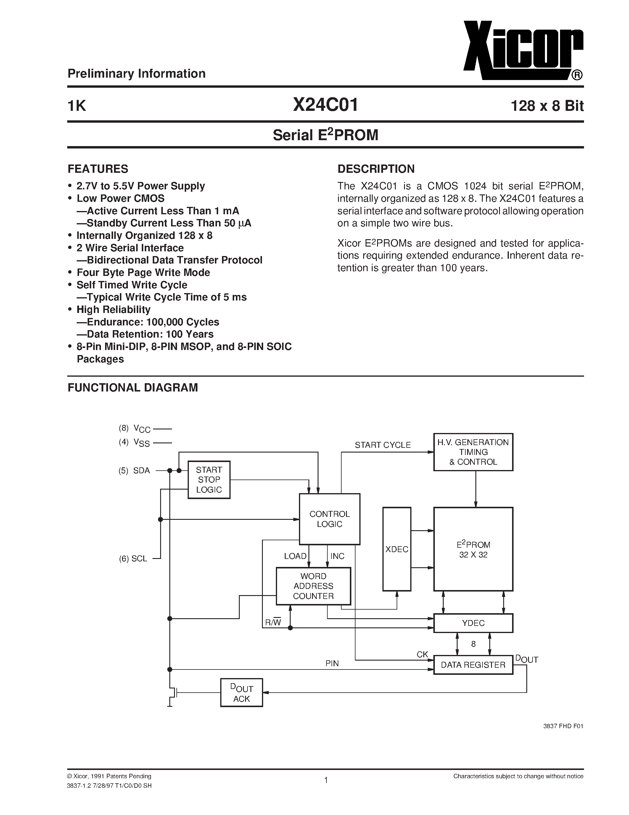 Datasheet X24C01M-3 - Serial E2PROM page 1