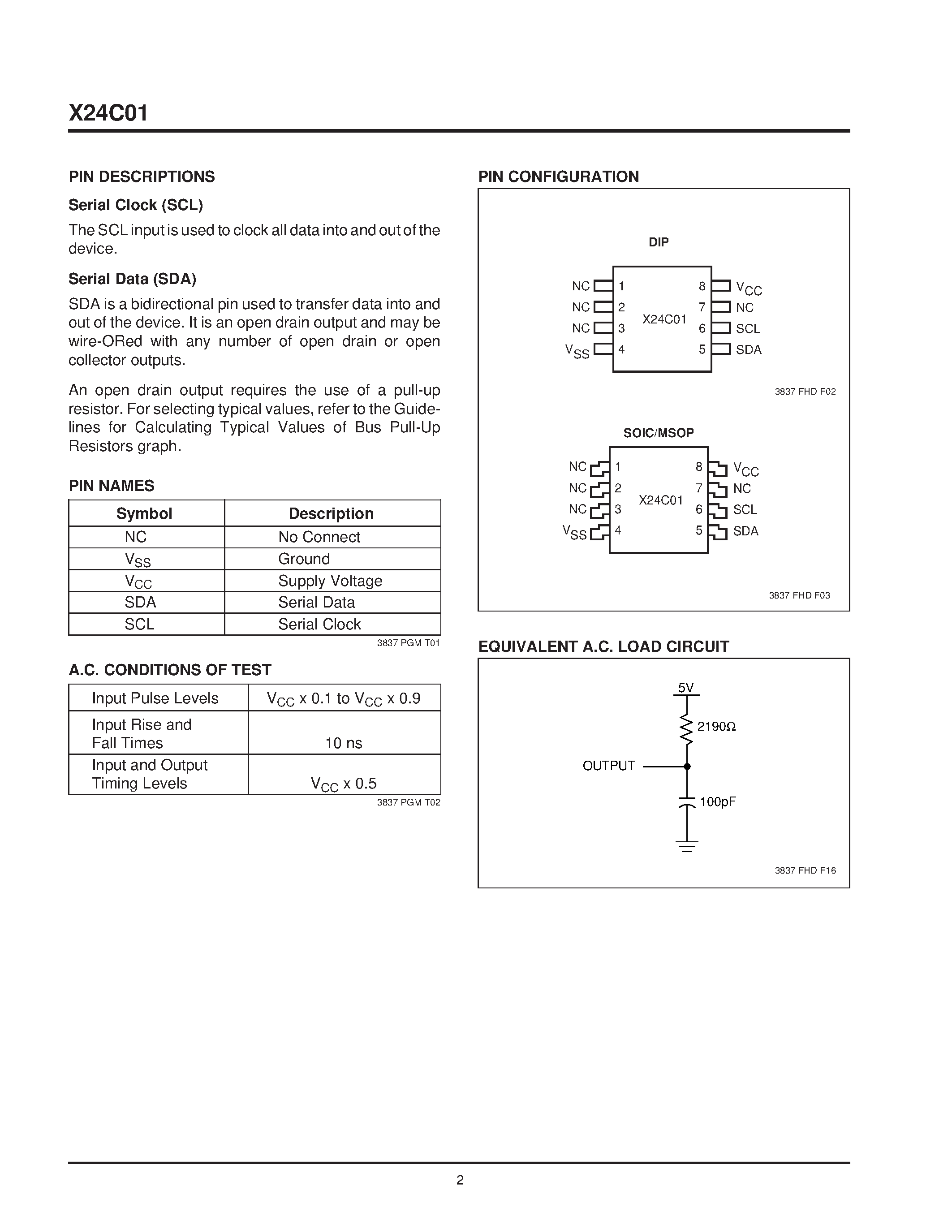 Datasheet X24C01PI-3 - Serial E2PROM page 2