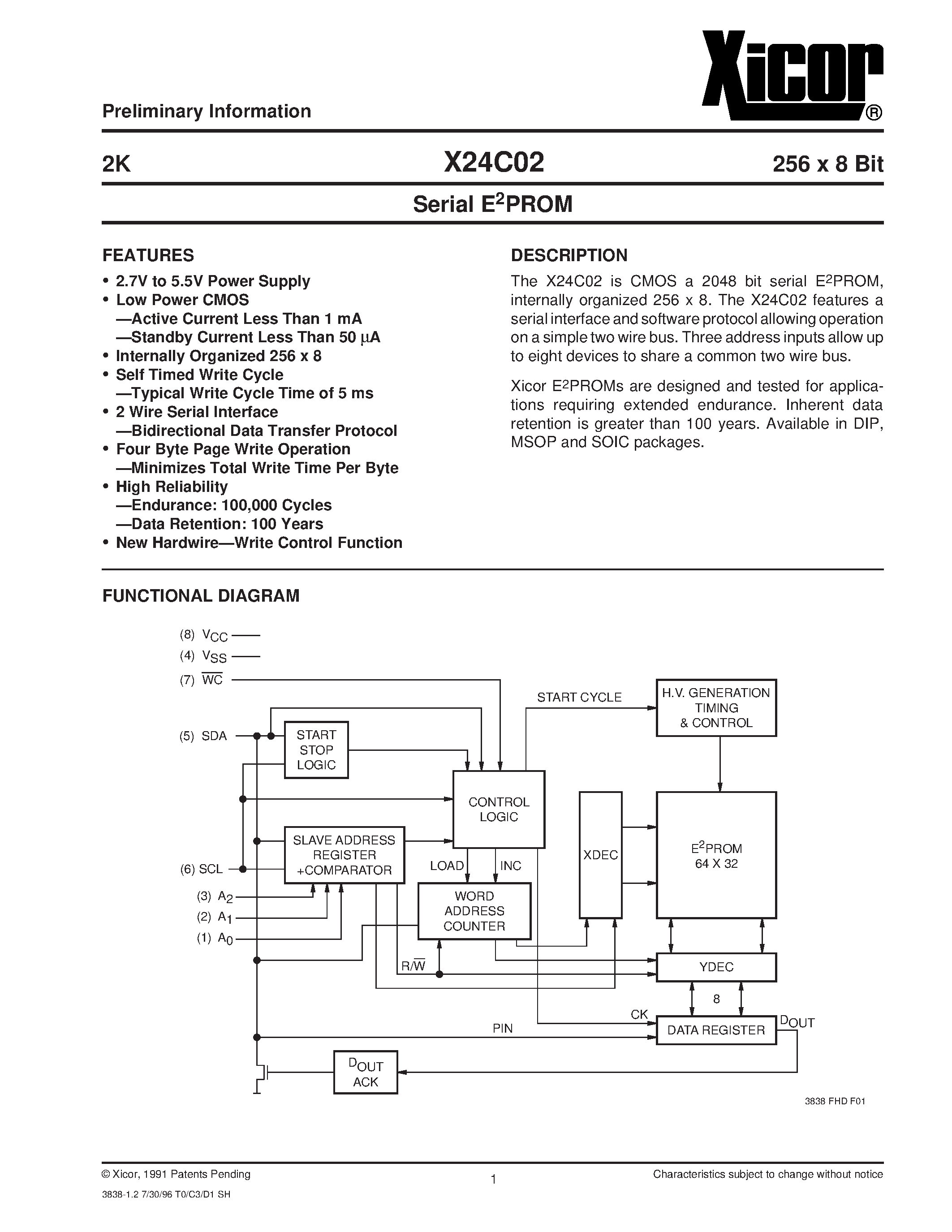 Datasheet X24C02MI-3.5 - Serial E2PROM page 1