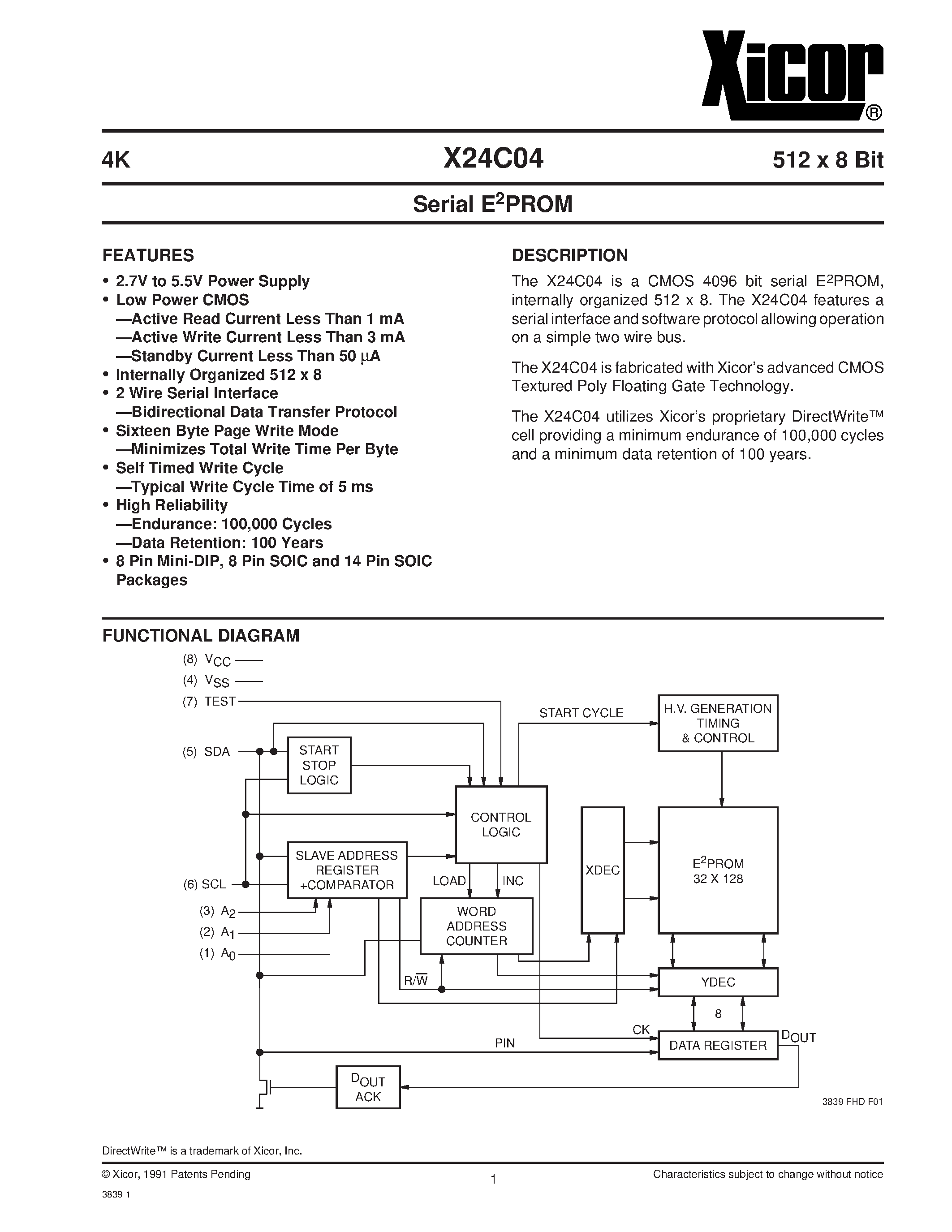 Datasheet X24C04S14M-2.7 - Serial E2PROM page 1