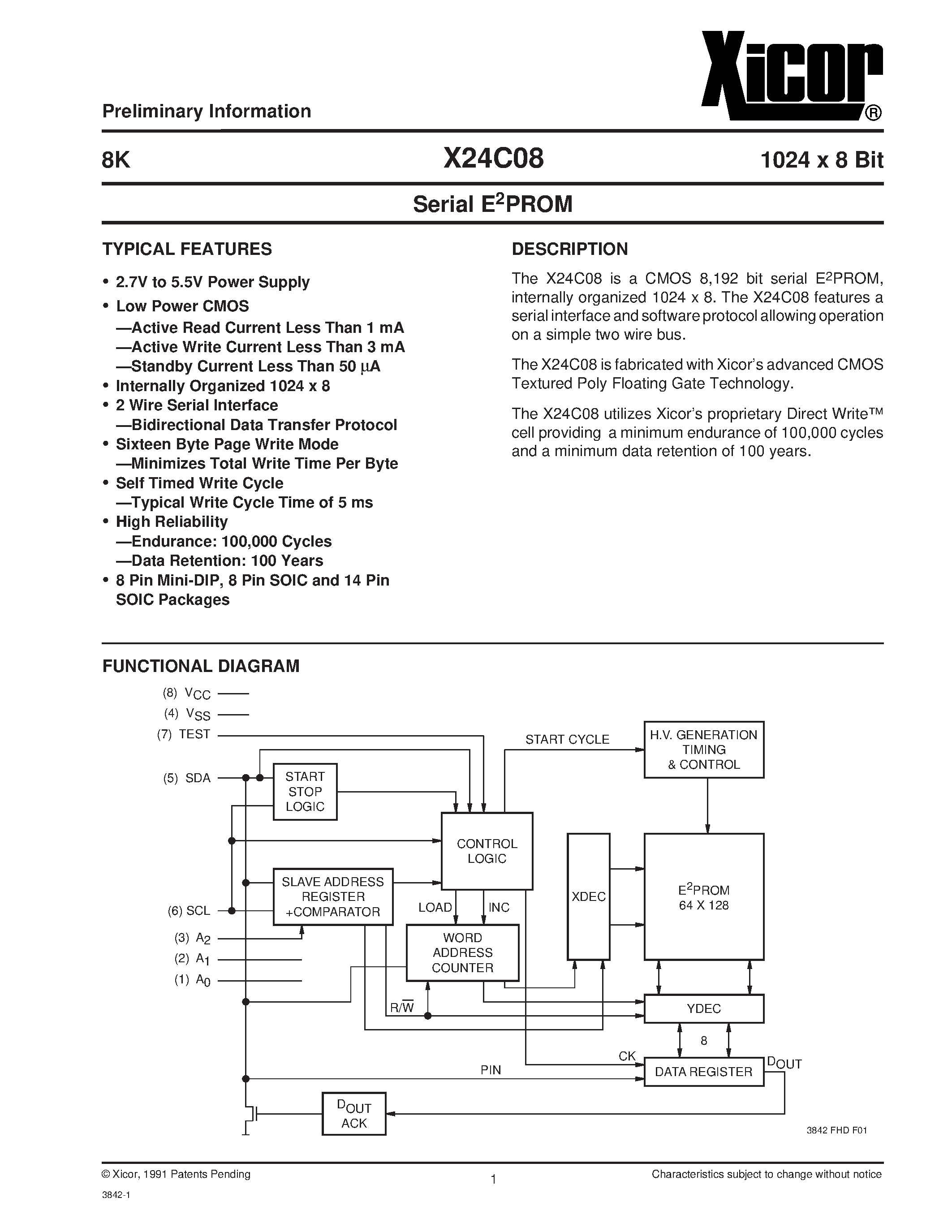 Datasheet X24C08PI-3.5 - Serial E2PROM page 1