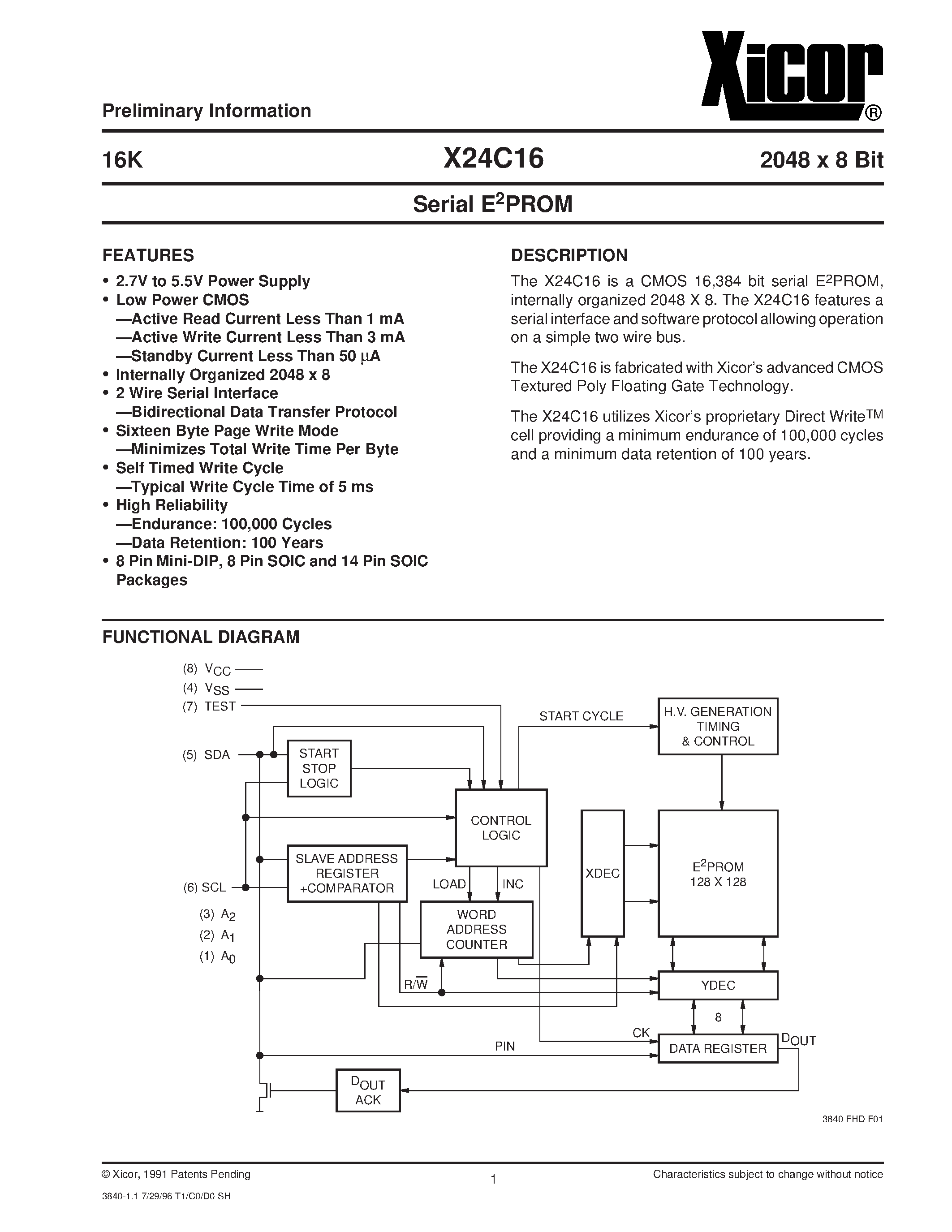 Datasheet X24C16S8MB-3.5 - Serial E2PROM page 1