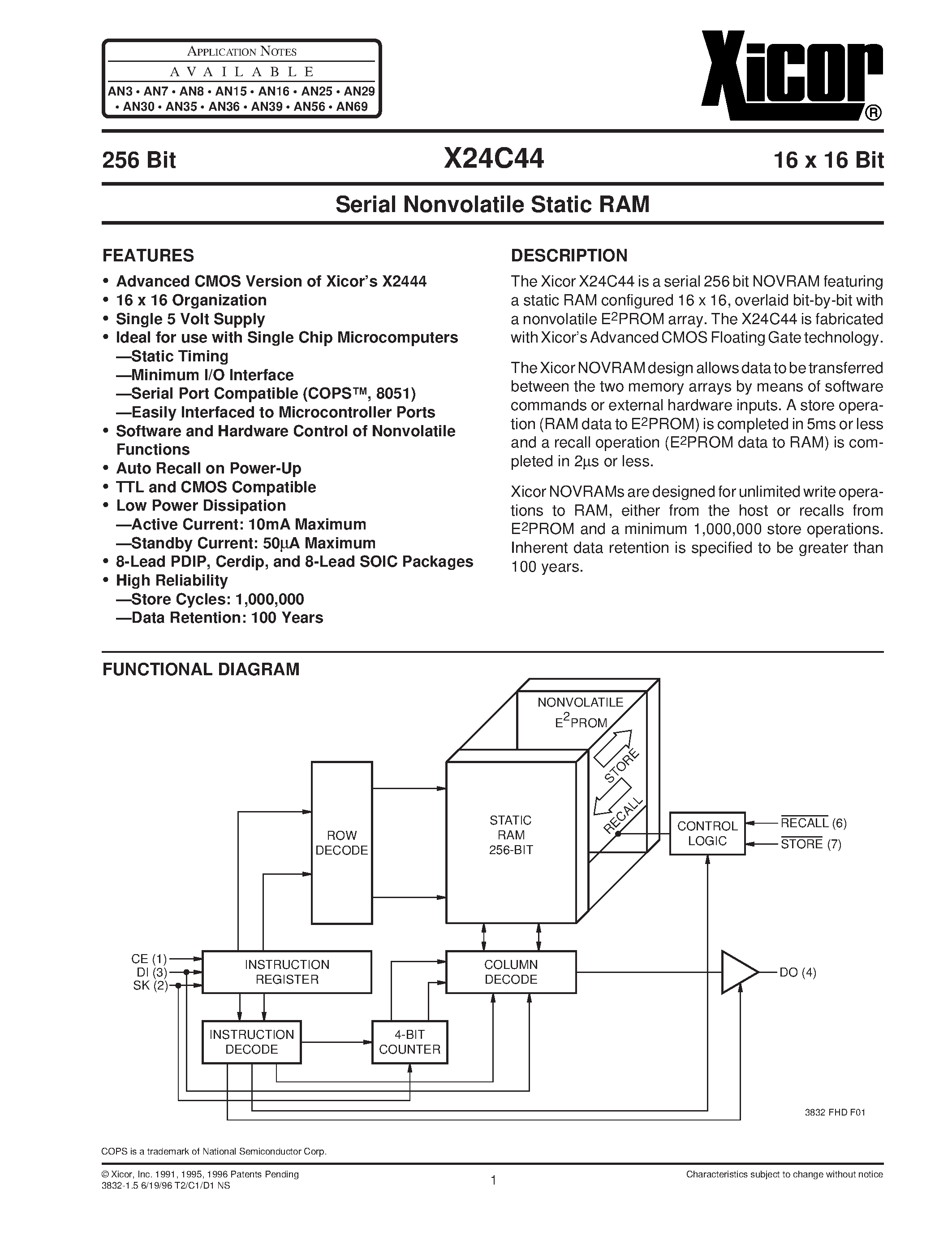 Datasheet X24C44SI - Serial Nonvolatile Static RAM page 1