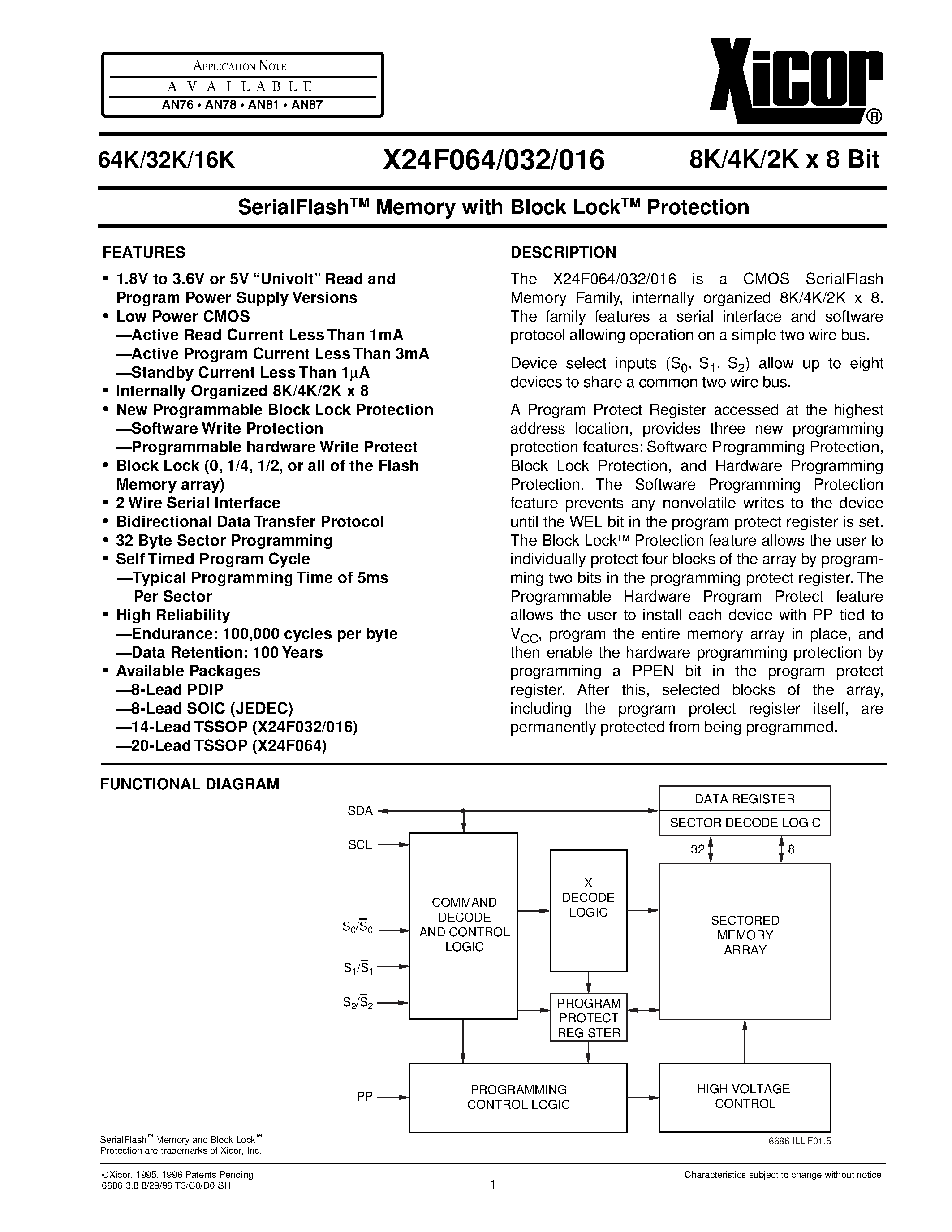 Datasheet X24F016PI-5 - SerialFlash TM Memory with Block Lock TM Protection page 1