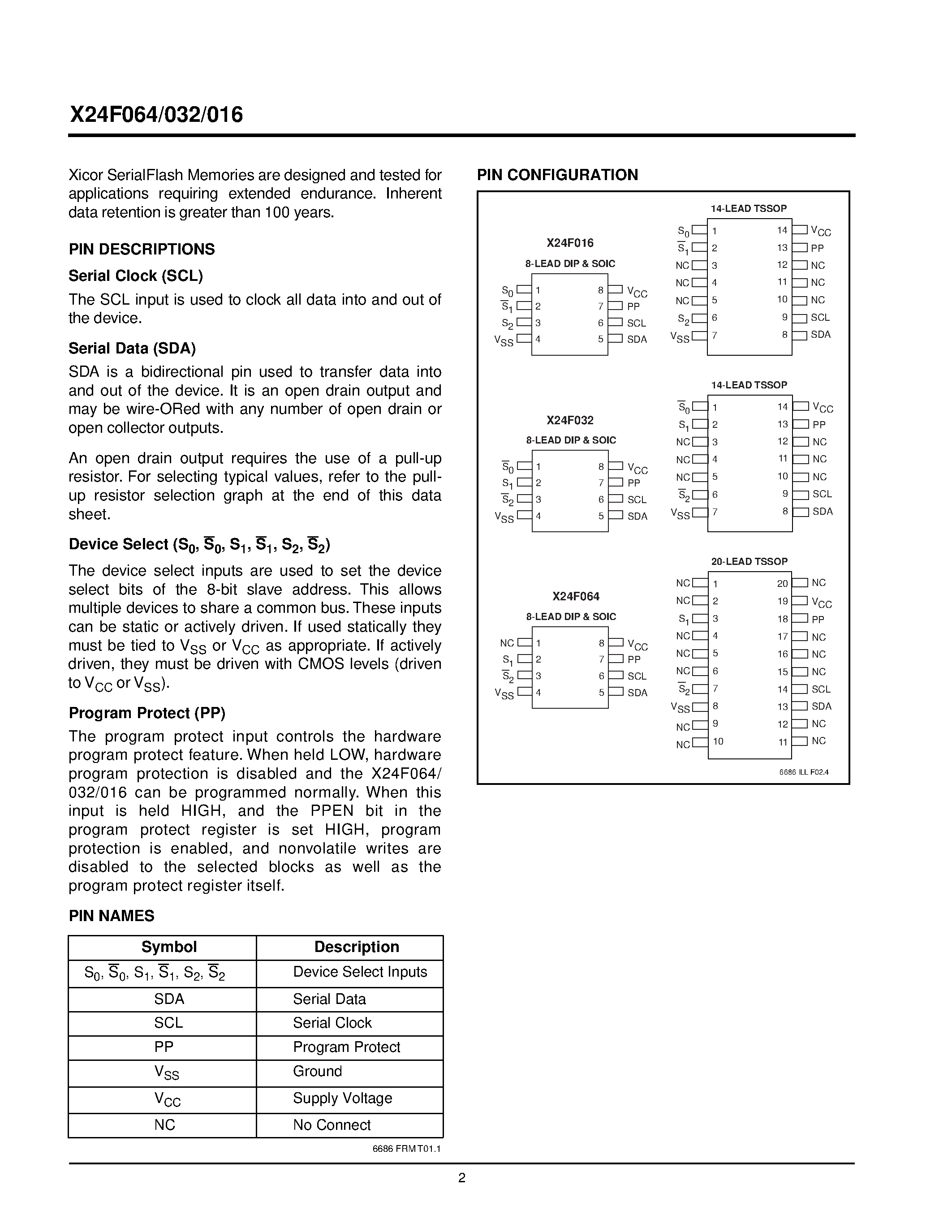 Datasheet X24F016PI-5 - SerialFlash TM Memory with Block Lock TM Protection page 2