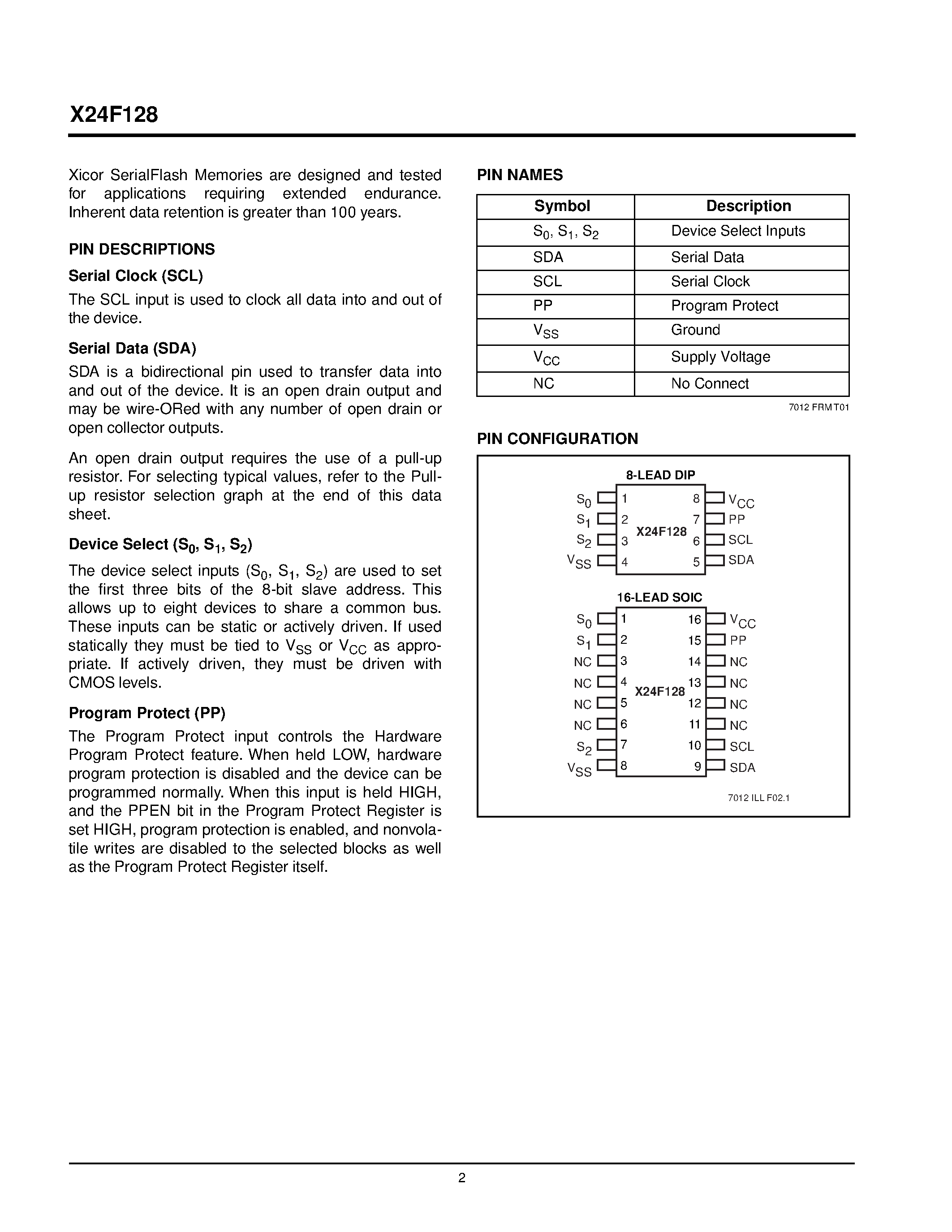 Datasheet X24F128S-5 - 2-Wire SerialFlash with Block Lock TM Protection page 2