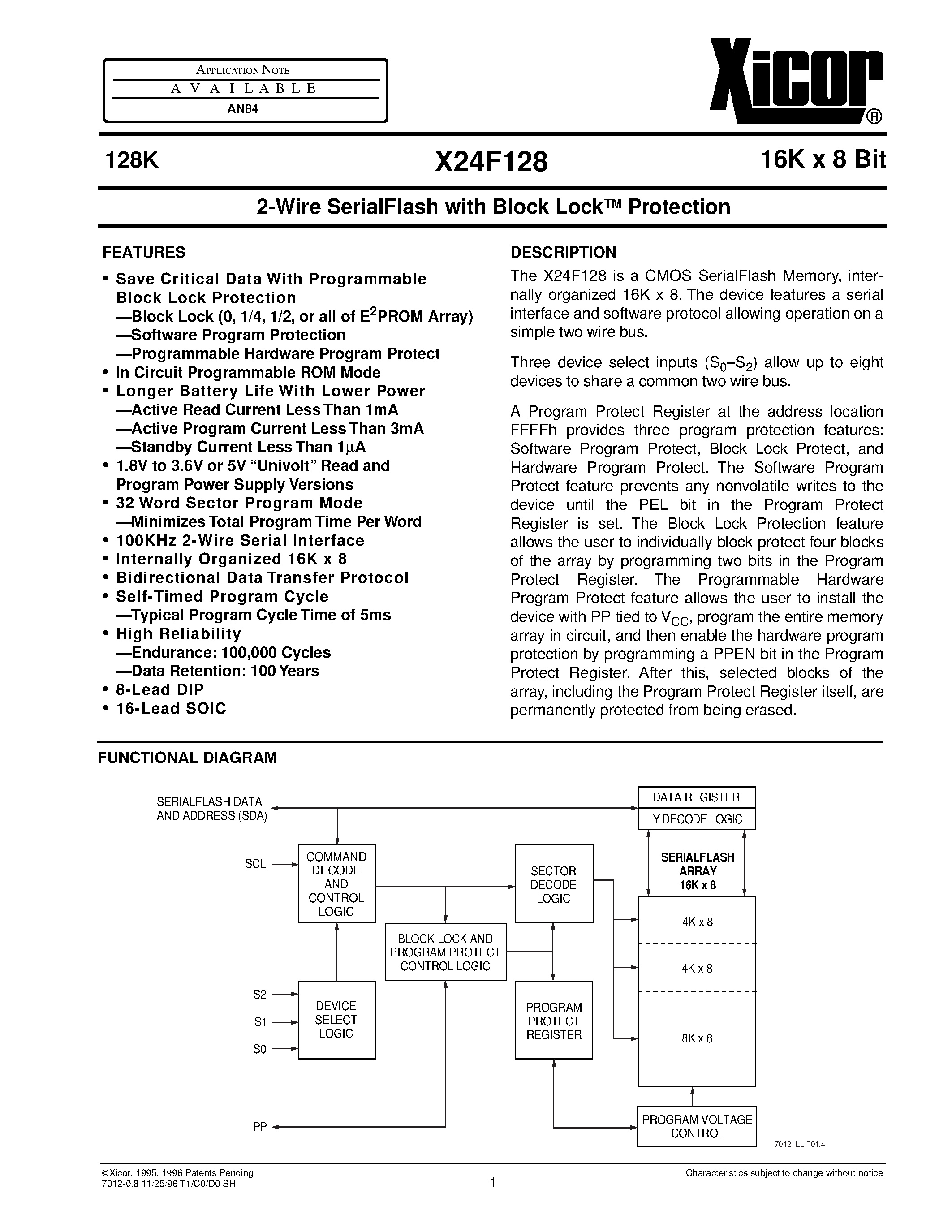 Даташит на микросхему X24F128SE-5 страница 1 Даташит X24F128SE-5 - 2-Wire SerialFlash with Block Lock TM Protection страница 1