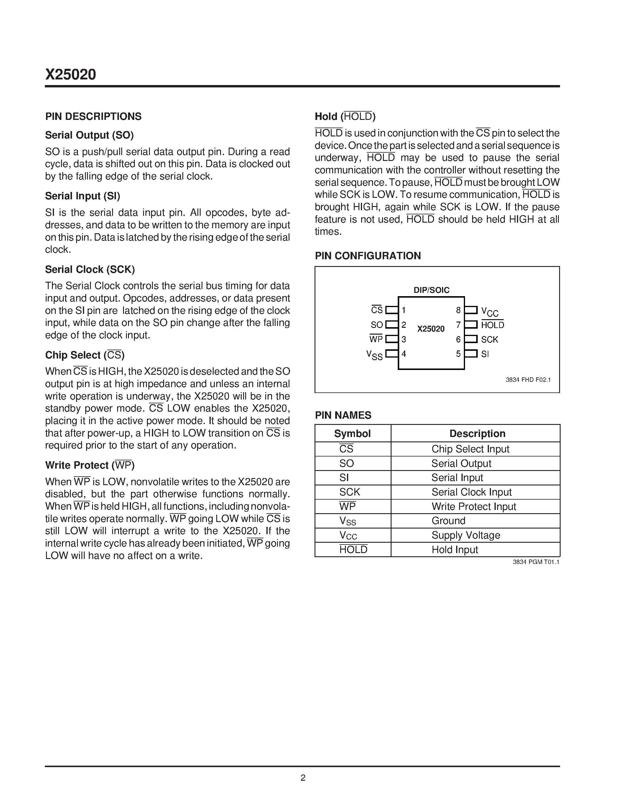 Datasheet X25020PI - SPI Serial E2PROM with Block LockTM Protection page 2