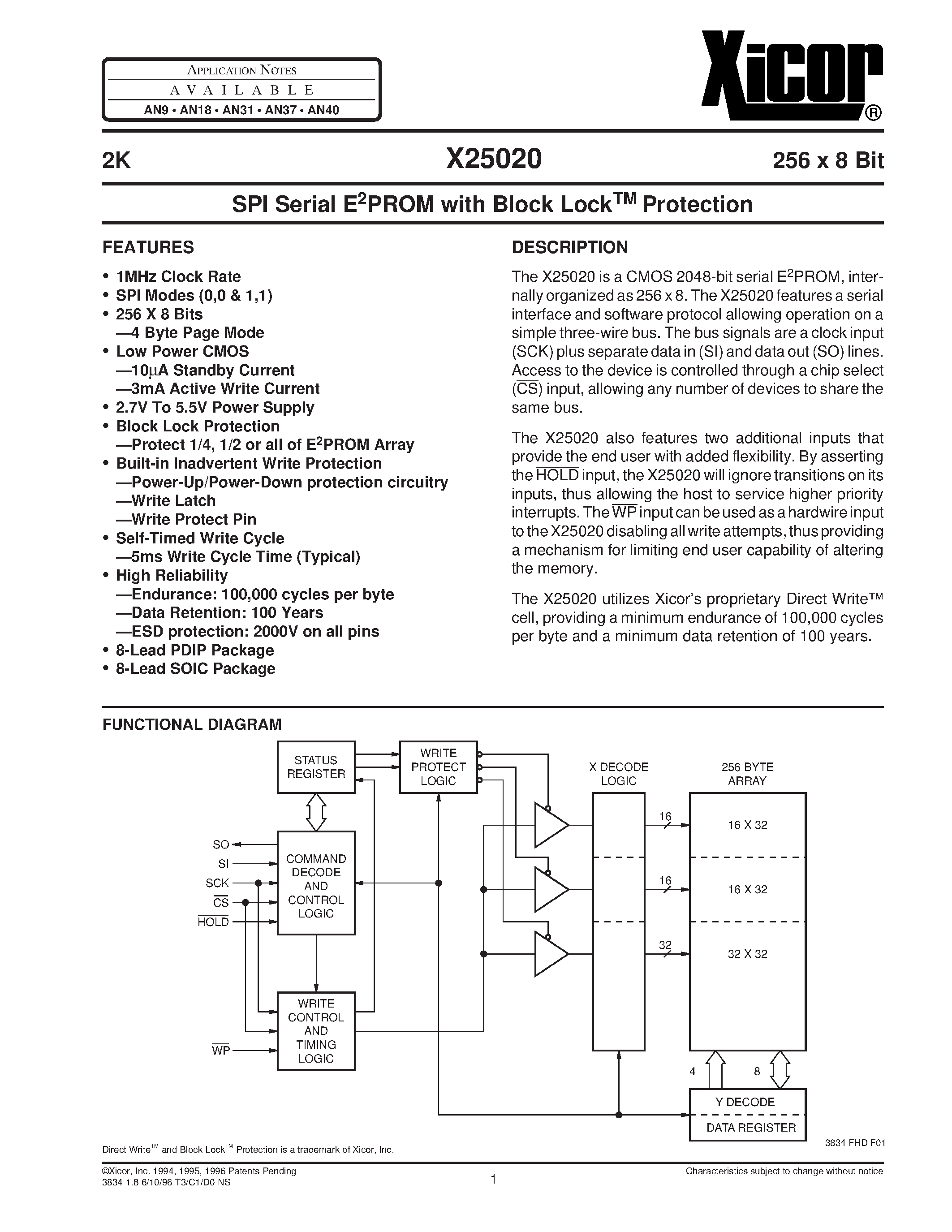 Datasheet X25020SI-3 - SPI Serial E2PROM with Block LockTM Protection page 1