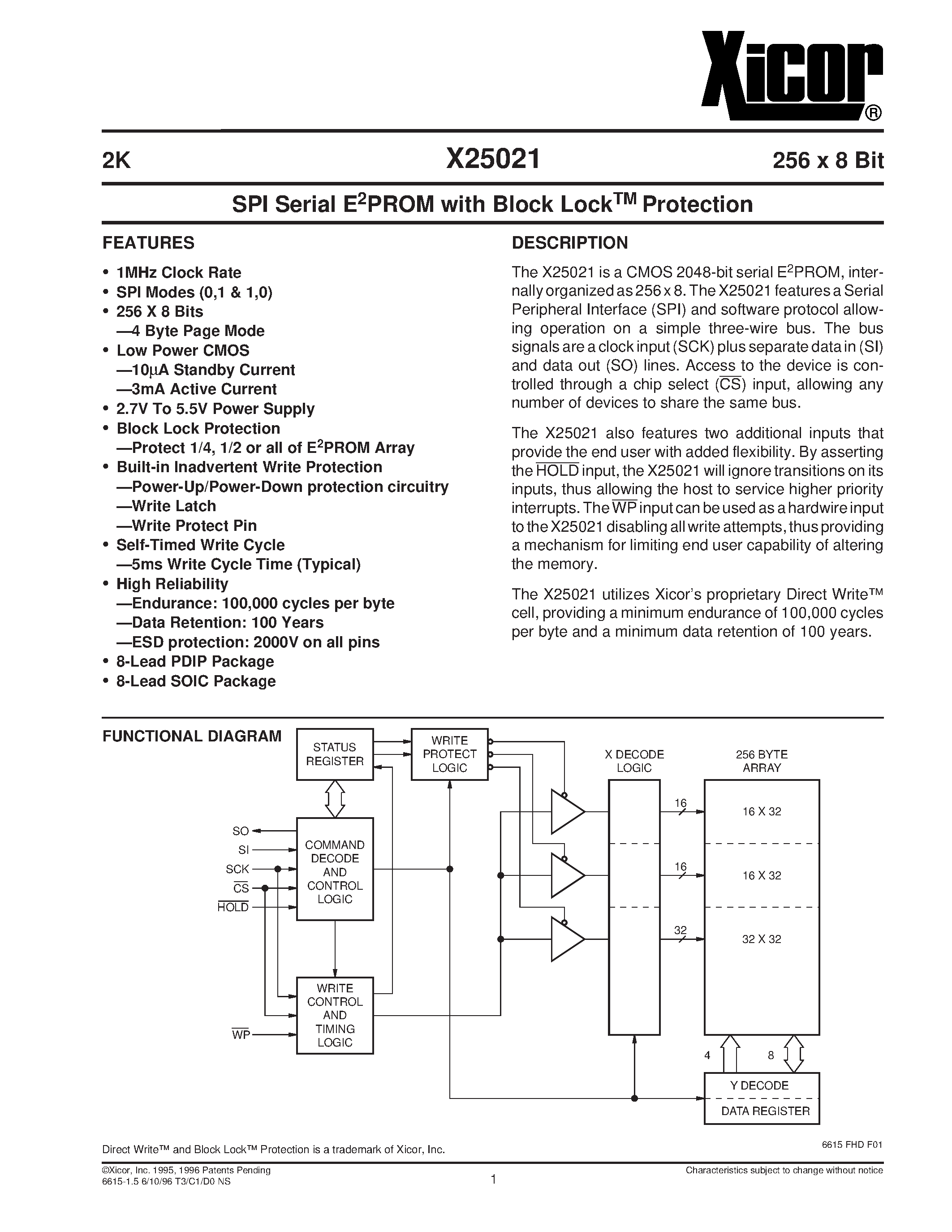 Datasheet X25021S - SPI Serial E2PROM with Block LockTM Protection page 1