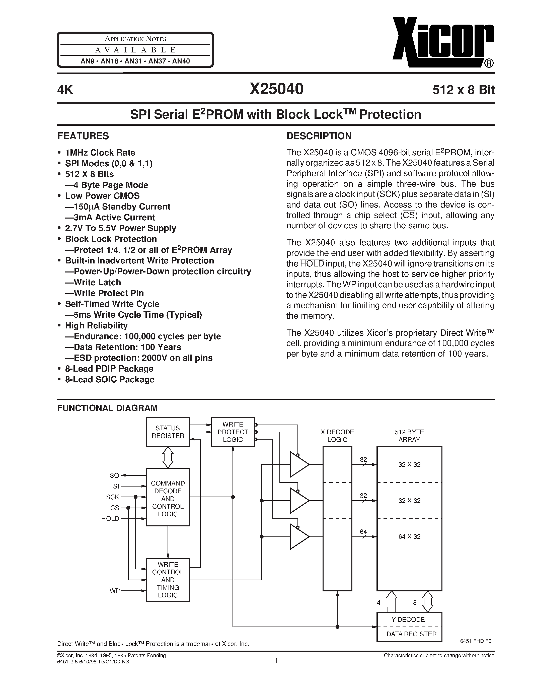 Datasheet X25040PI page 1 Datasheet X25040PI - SPI Serial E2PROM with Block LockTM Protection page 1