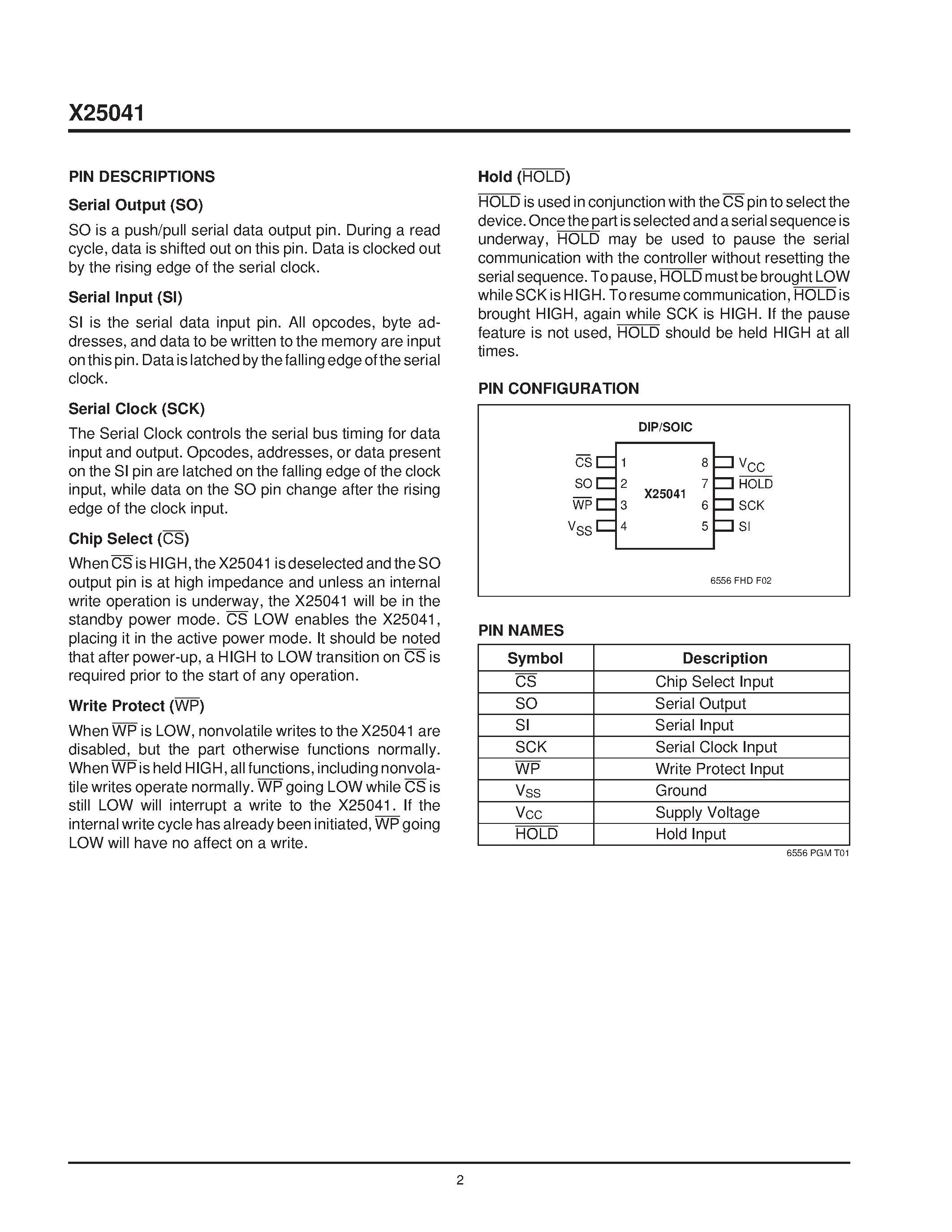Datasheet X25041P - SPI Serial E2PROM with Block LockTM Protection page 2