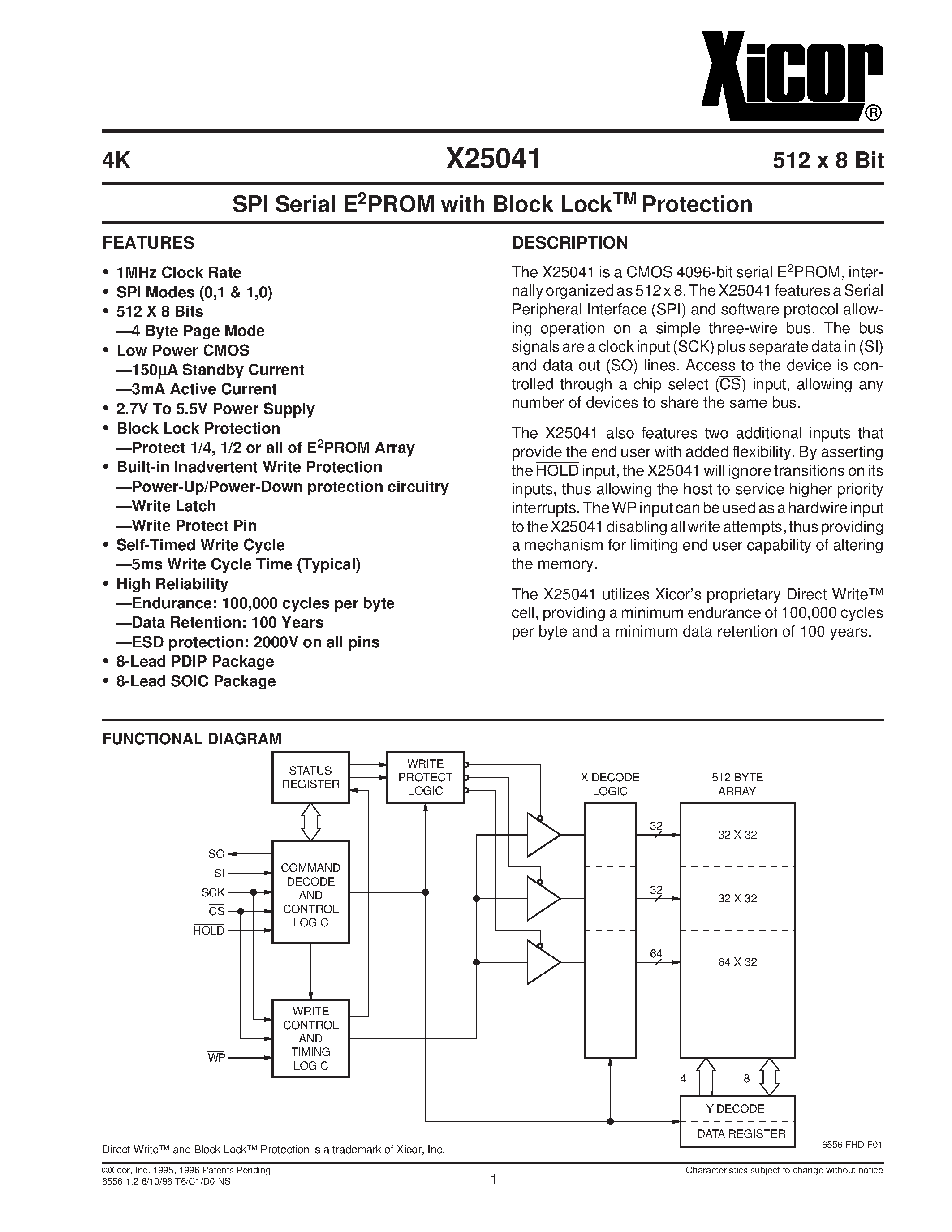 Datasheet X25041SI-2.7 - SPI Serial E2PROM with Block LockTM Protection page 1