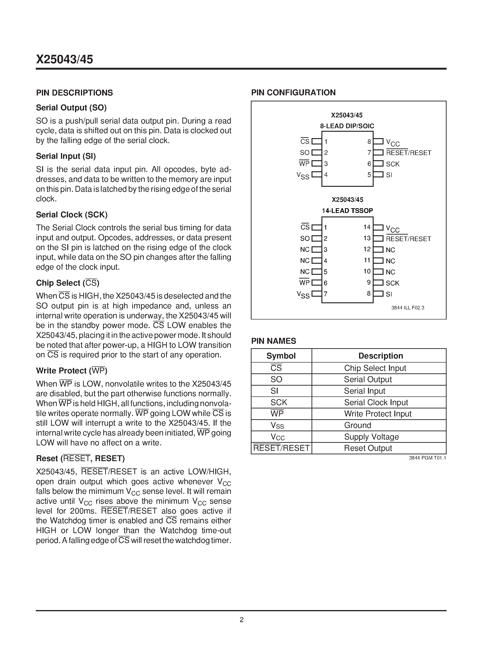 Datasheet X25043PI-2.7 - Programmable Watchdog Supervisory E2PROM page 2