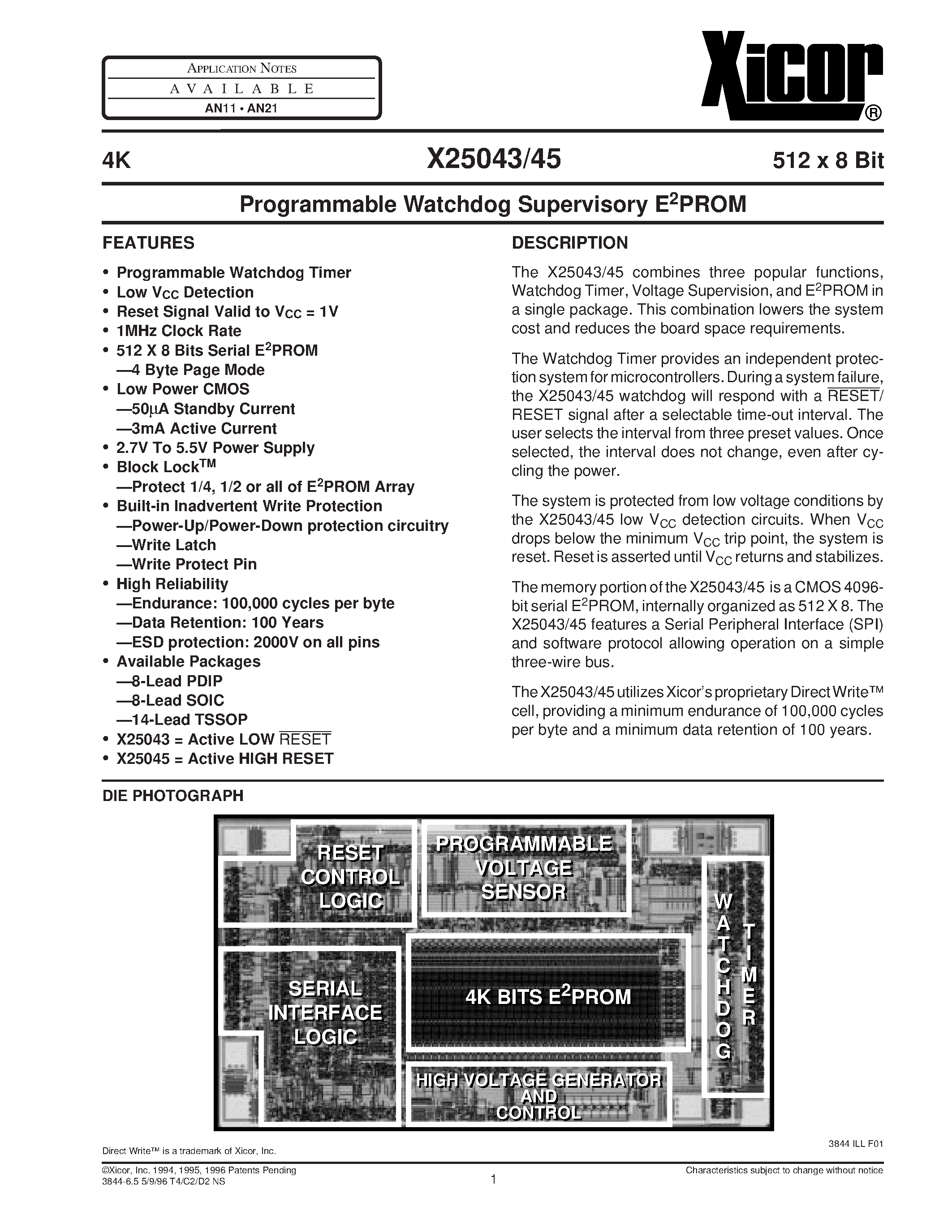 Datasheet X25043V-2.7 - Programmable Watchdog Supervisory E2PROM page 1