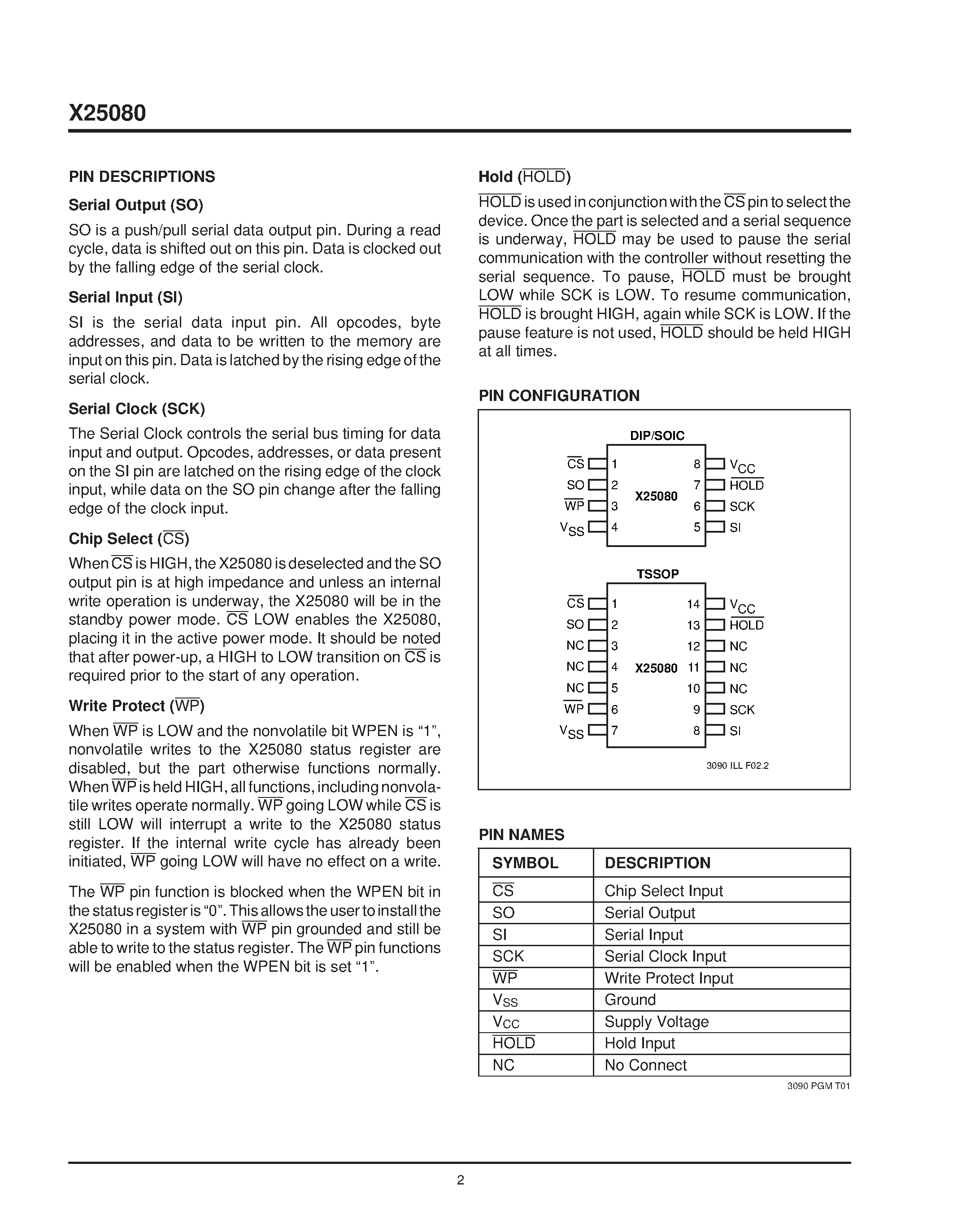 Datasheet X25080P page 2 Datasheet X25080P - SPI Serial E2PROM With Block LockTM Protection page 2