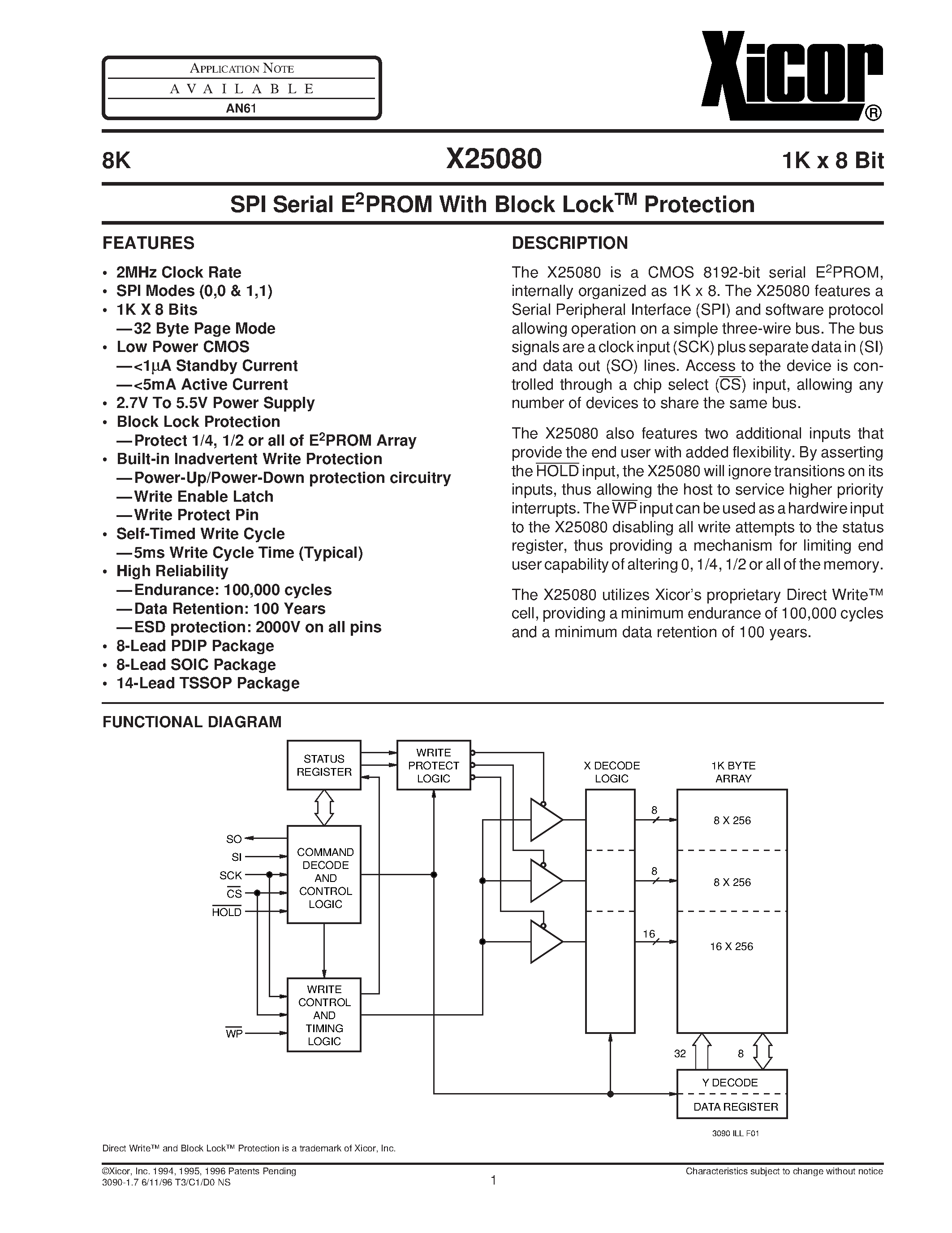 Datasheet X25080PI-2.7 - SPI Serial E2PROM With Block LockTM Protection page 1