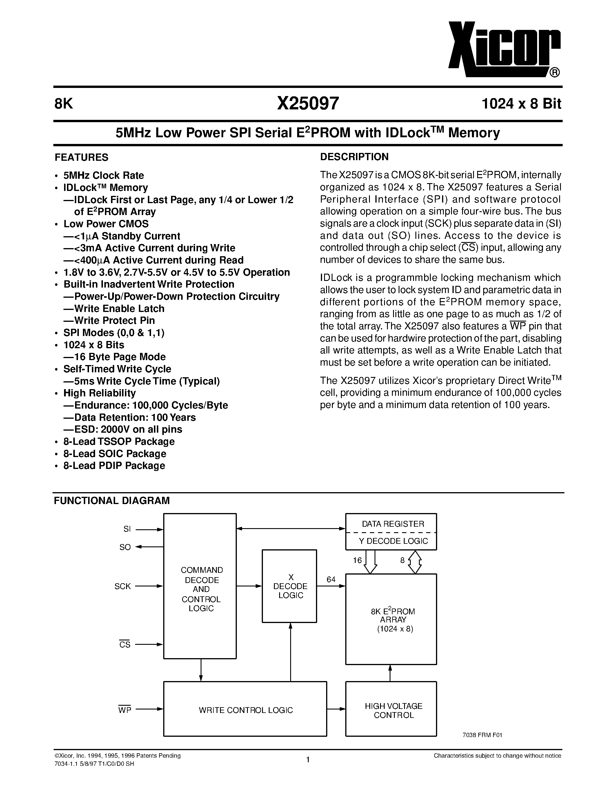 Даташит X25097VI - 5MHz Low Power SPI Serial E 2 PROM with IDLock TM Memory страница 1