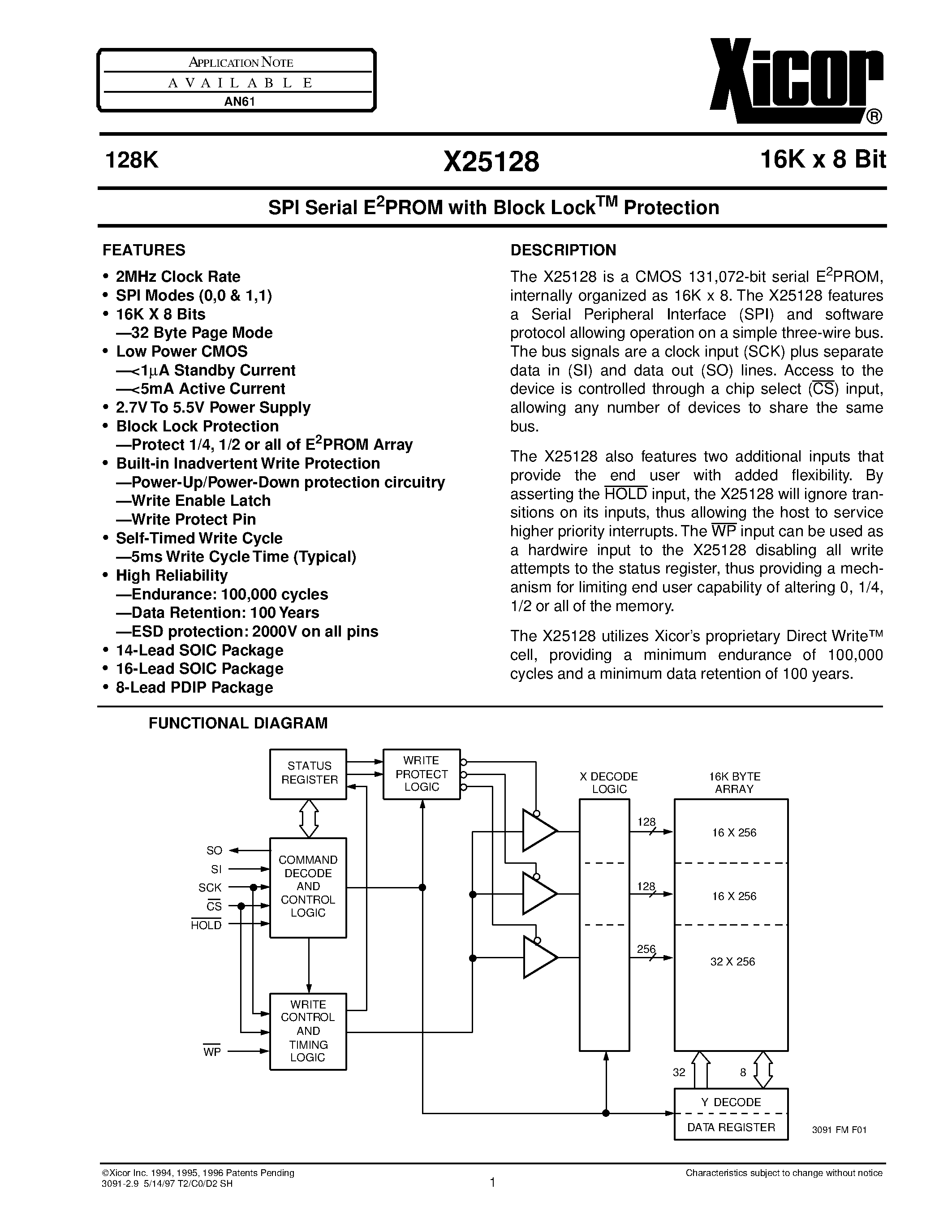 Даташит X25128S14 - SPI Serial E 2 PROM with Block Lock TM Protection страница 1