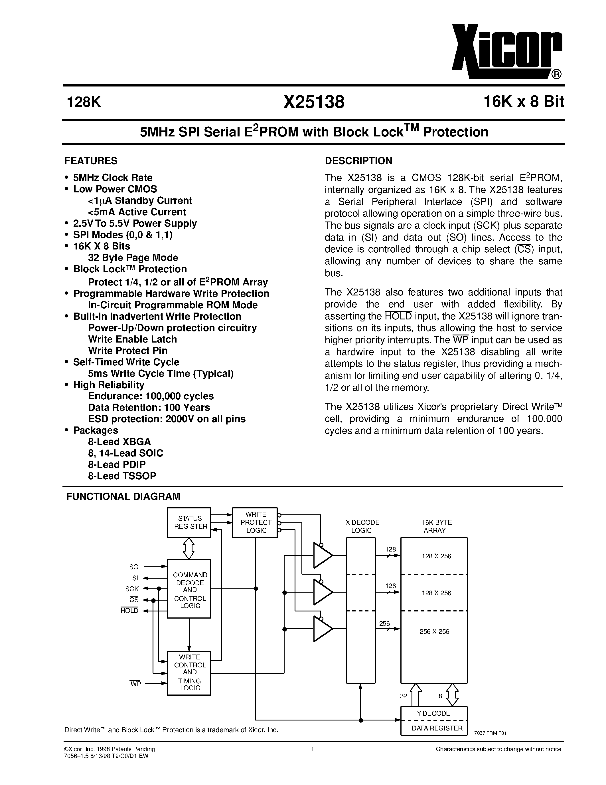 Datasheet X25138 - 5MHz SPI Serial E2PROM with Block Lock PROTECTION page 1