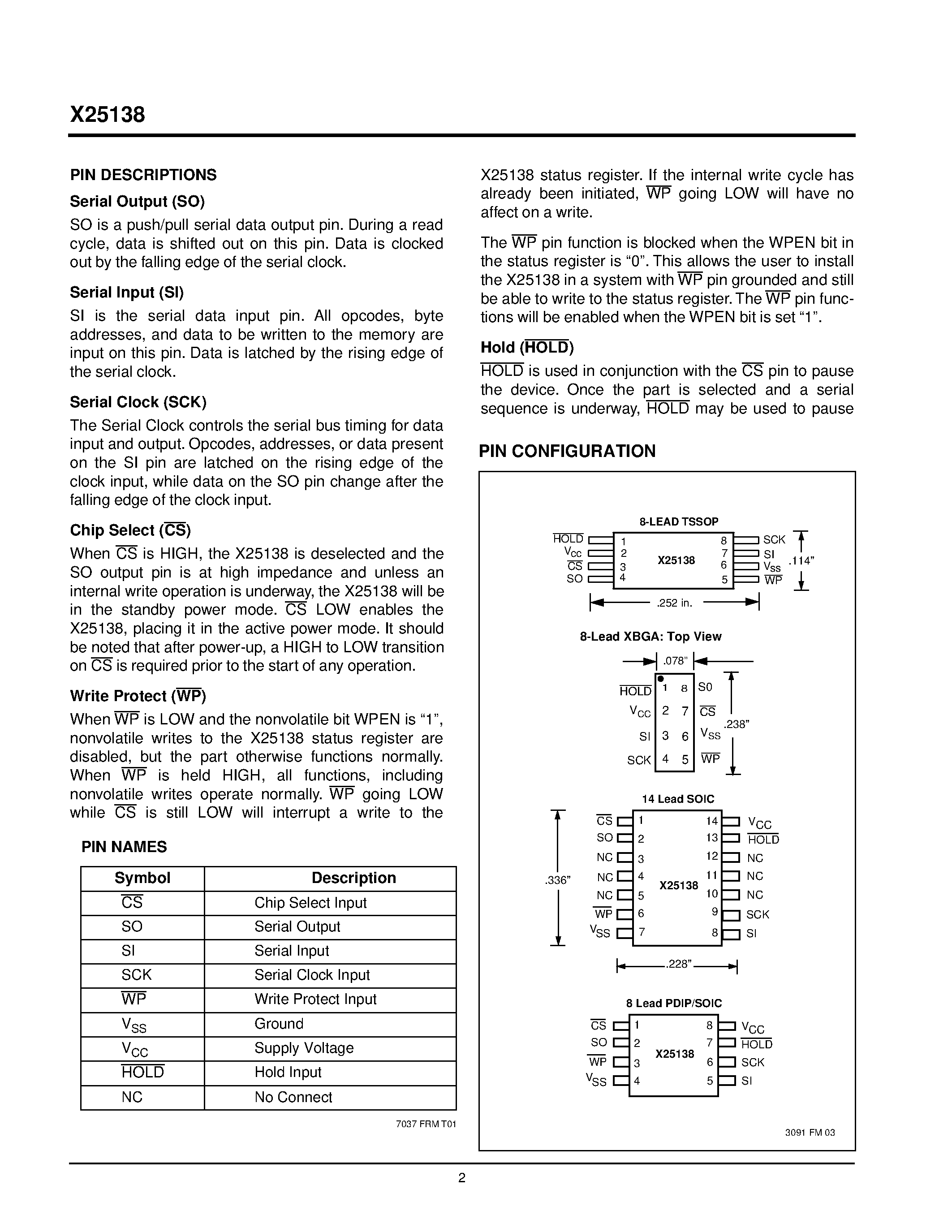 Datasheet X25138V8-V - 5MHz SPI Serial E2PROM with Block Lock PROTECTION page 2