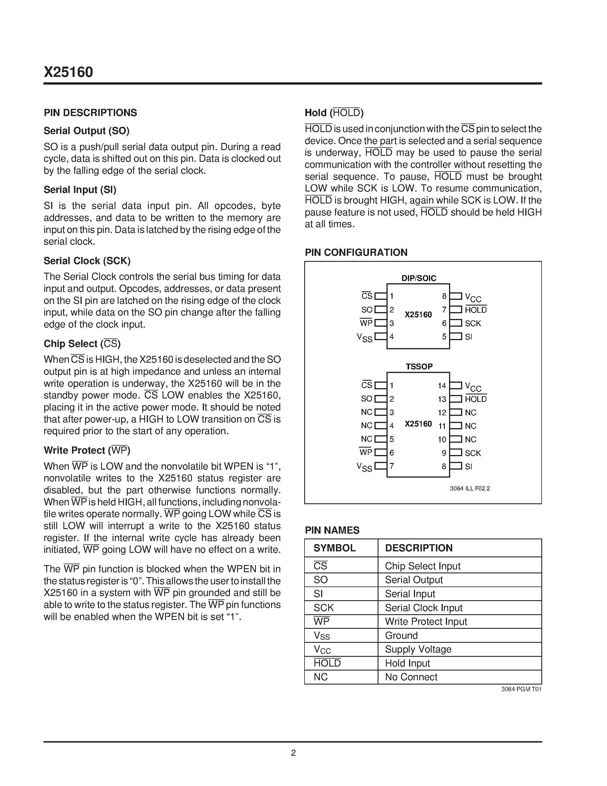 Datasheet X25160VI - SPI Serial E2PROM With Block LockTM Protection page 2