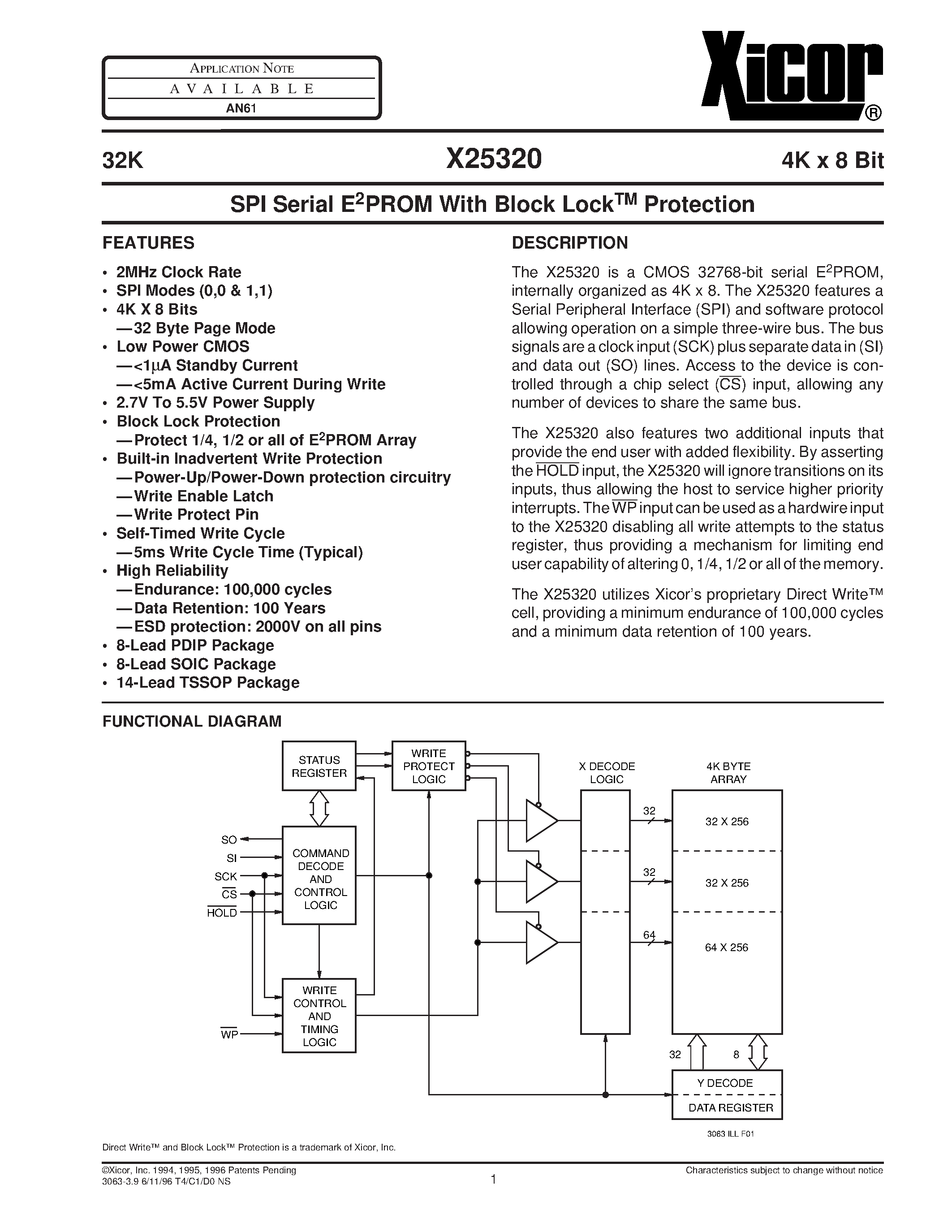 Datasheet X25320VM-2.7 - SPI Serial E2PROM With Block LockTM Protection page 1