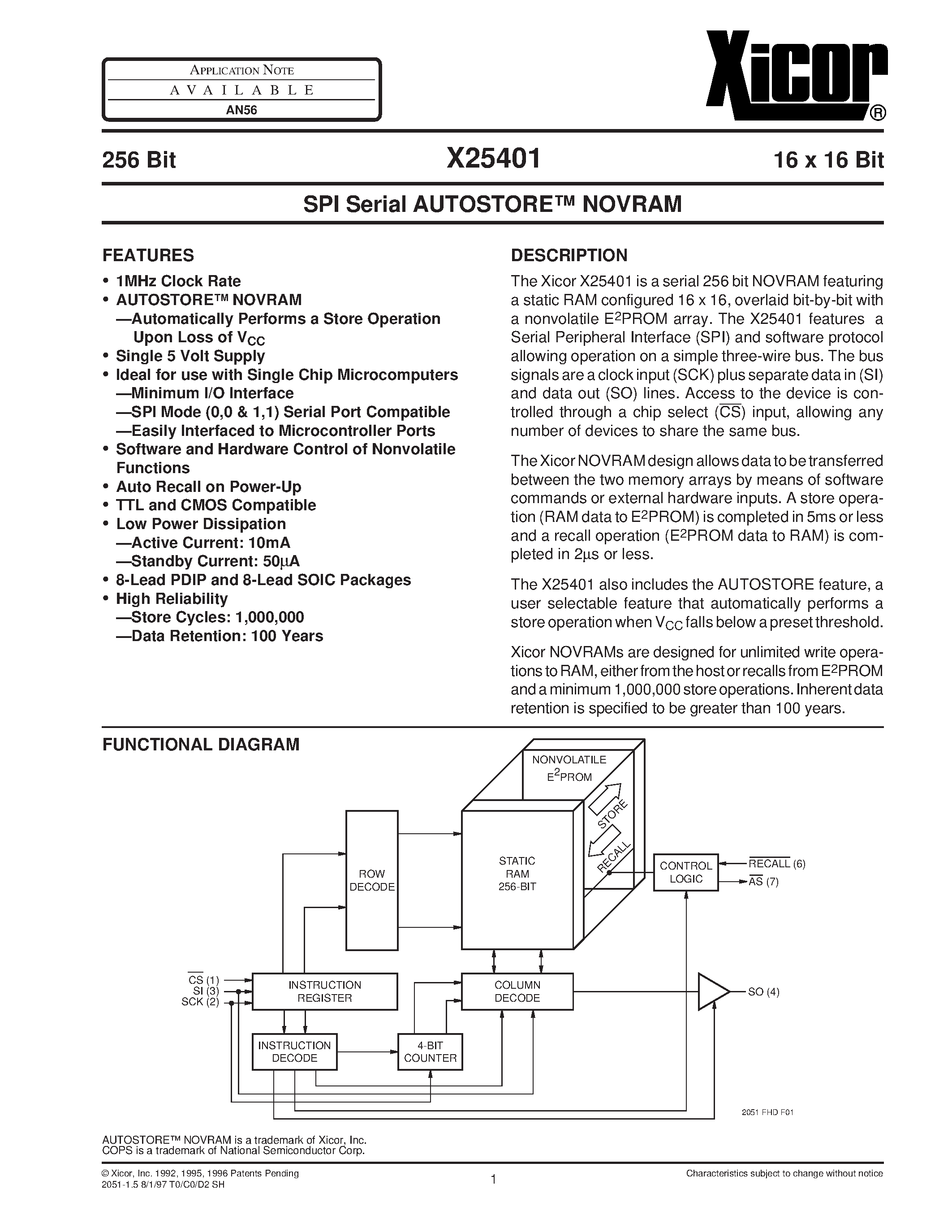 Datasheet X25401PI - SPI Serial AUTOSTORE NOVRAM page 1