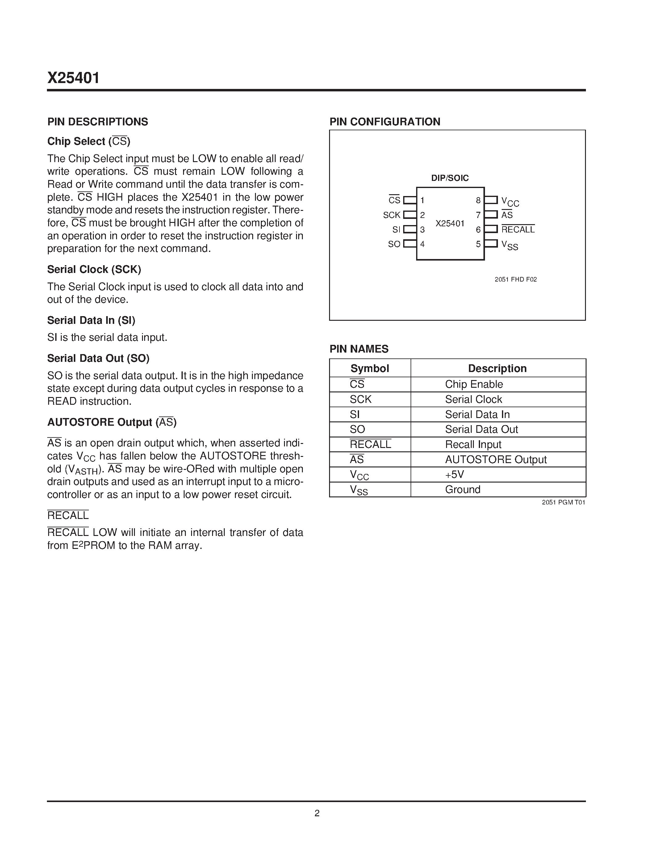 Datasheet X25401PM page 2 Datasheet X25401PM - SPI Serial AUTOSTORE NOVRAM page 2