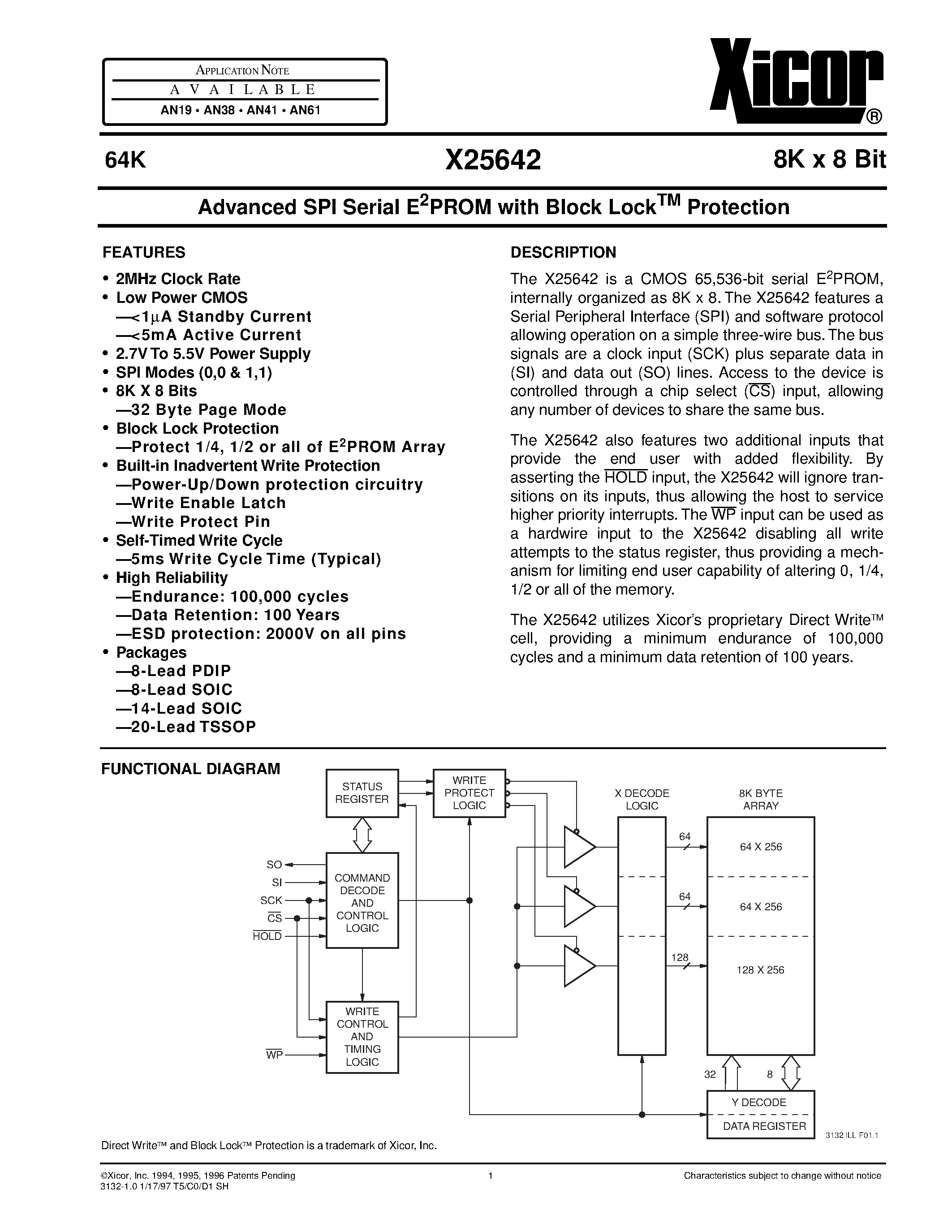 Datasheet X25642VI-2.7 - Advanced SPI Serial E 2 PROM with Block Lock TM Protection page 1