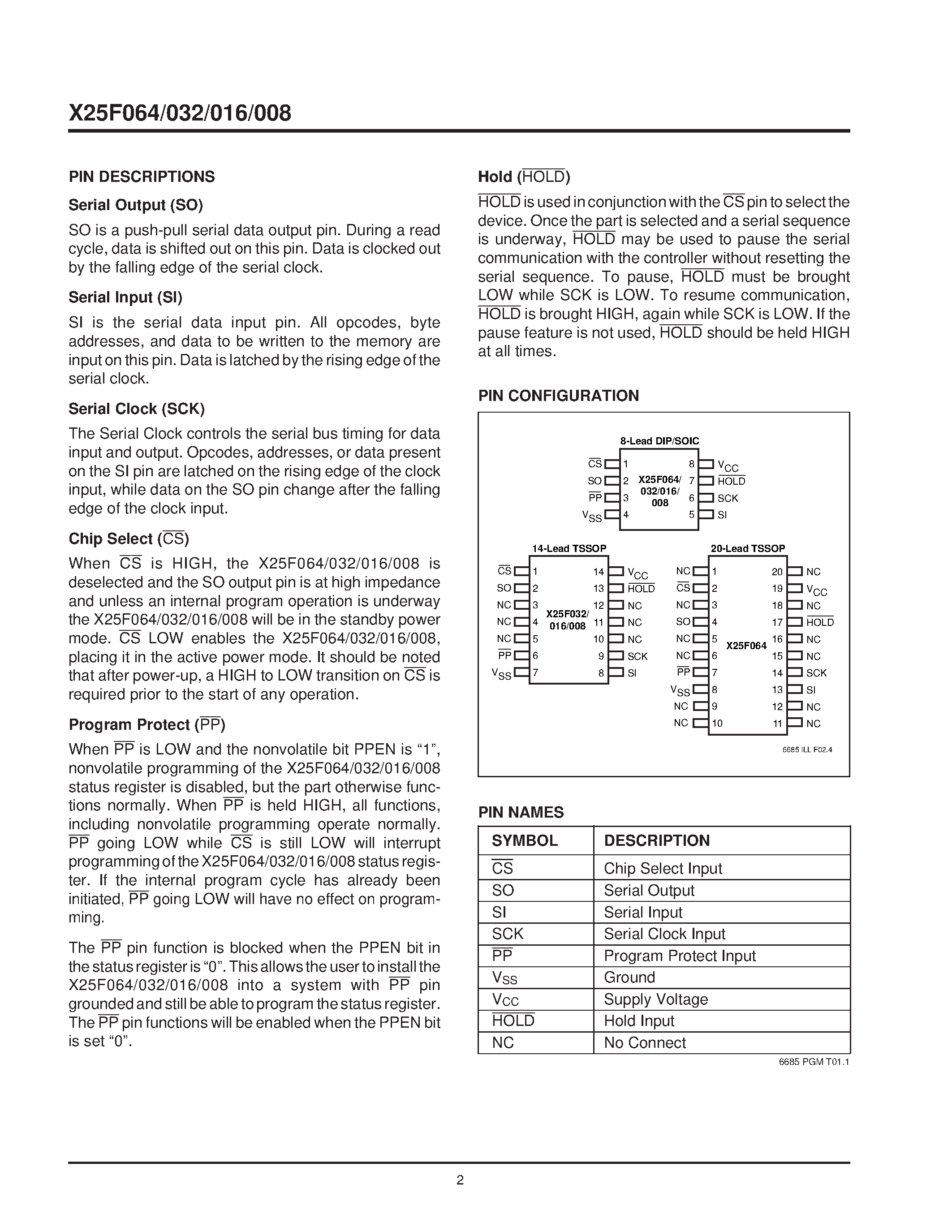Datasheet X25F008VE-5 page 2 Datasheet X25F008VE-5 - SerialFlash Memory With Block LockTM Protection page 2