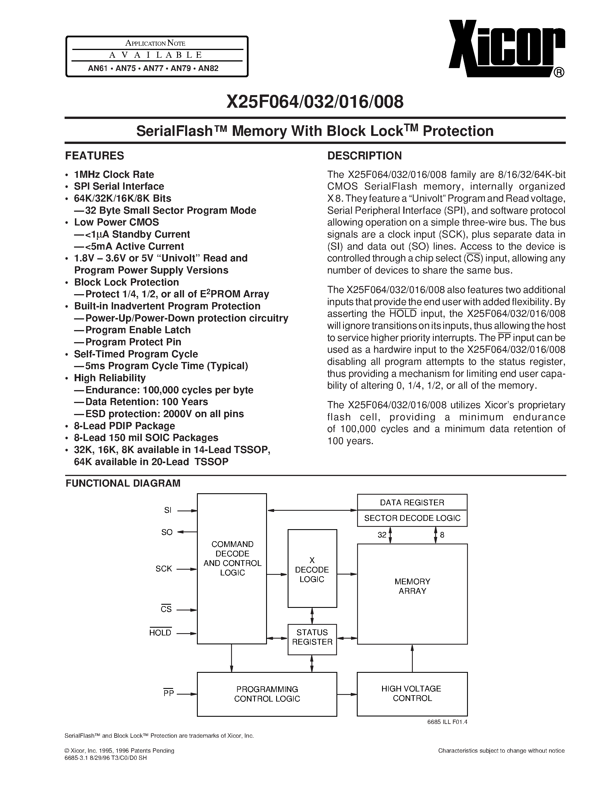 Datasheet X25F016SE-5 - SerialFlash Memory With Block LockTM Protection page 1