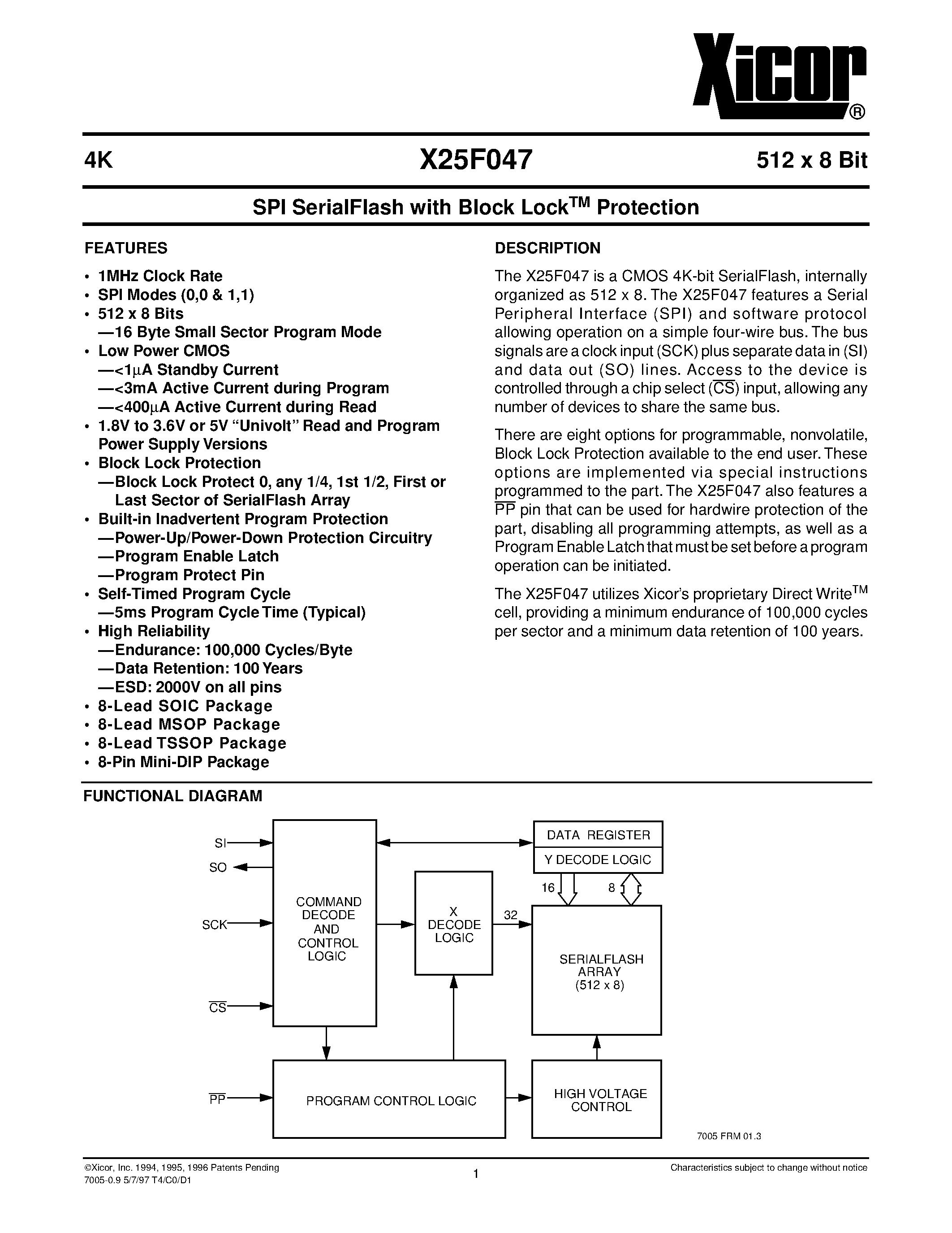 Datasheet X25F047V page 1 Datasheet X25F047V - SPI SerialFlash with Block Lock TM Protection page 1