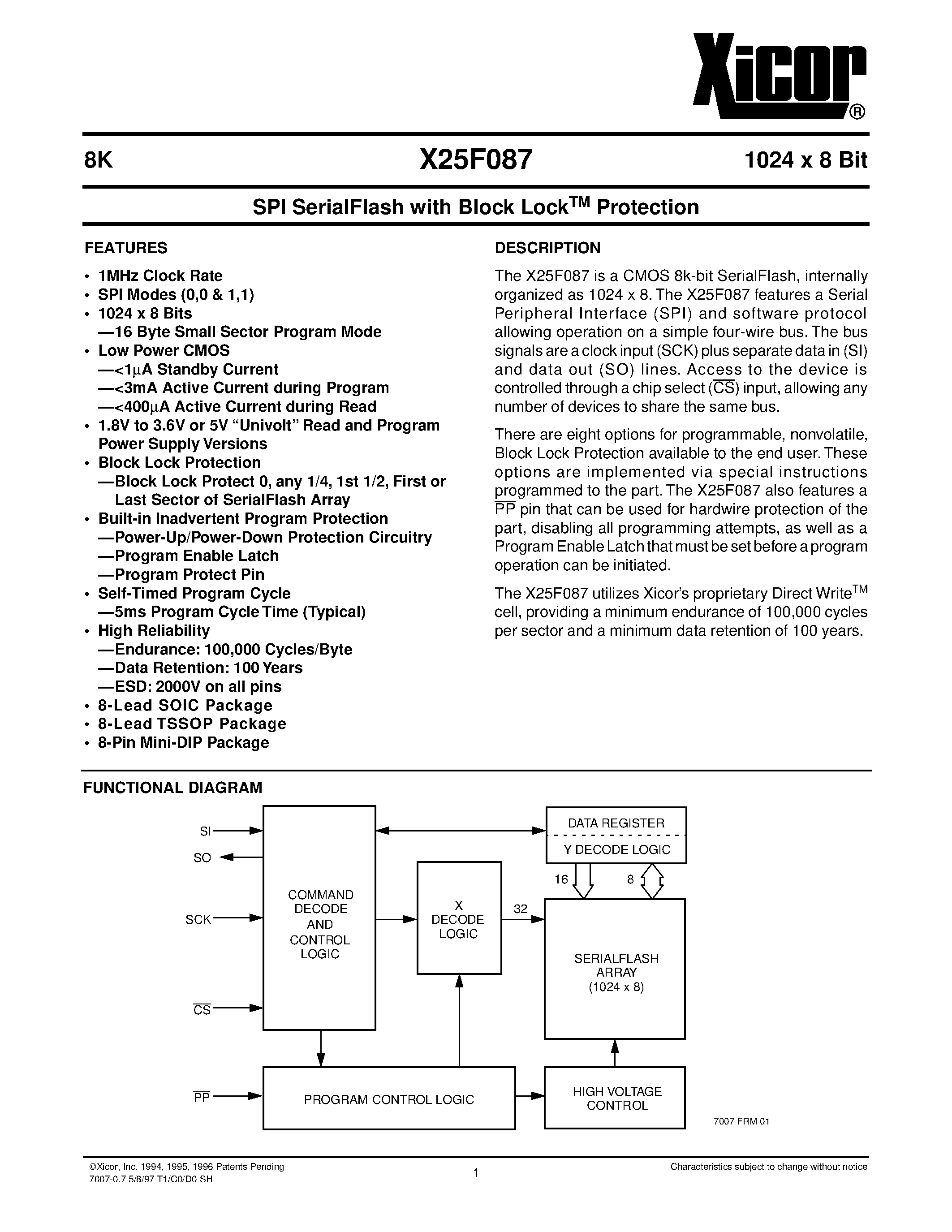 Datasheet X25F087P-5 - SPI SerialFlash with Block Lock TM Protection page 1