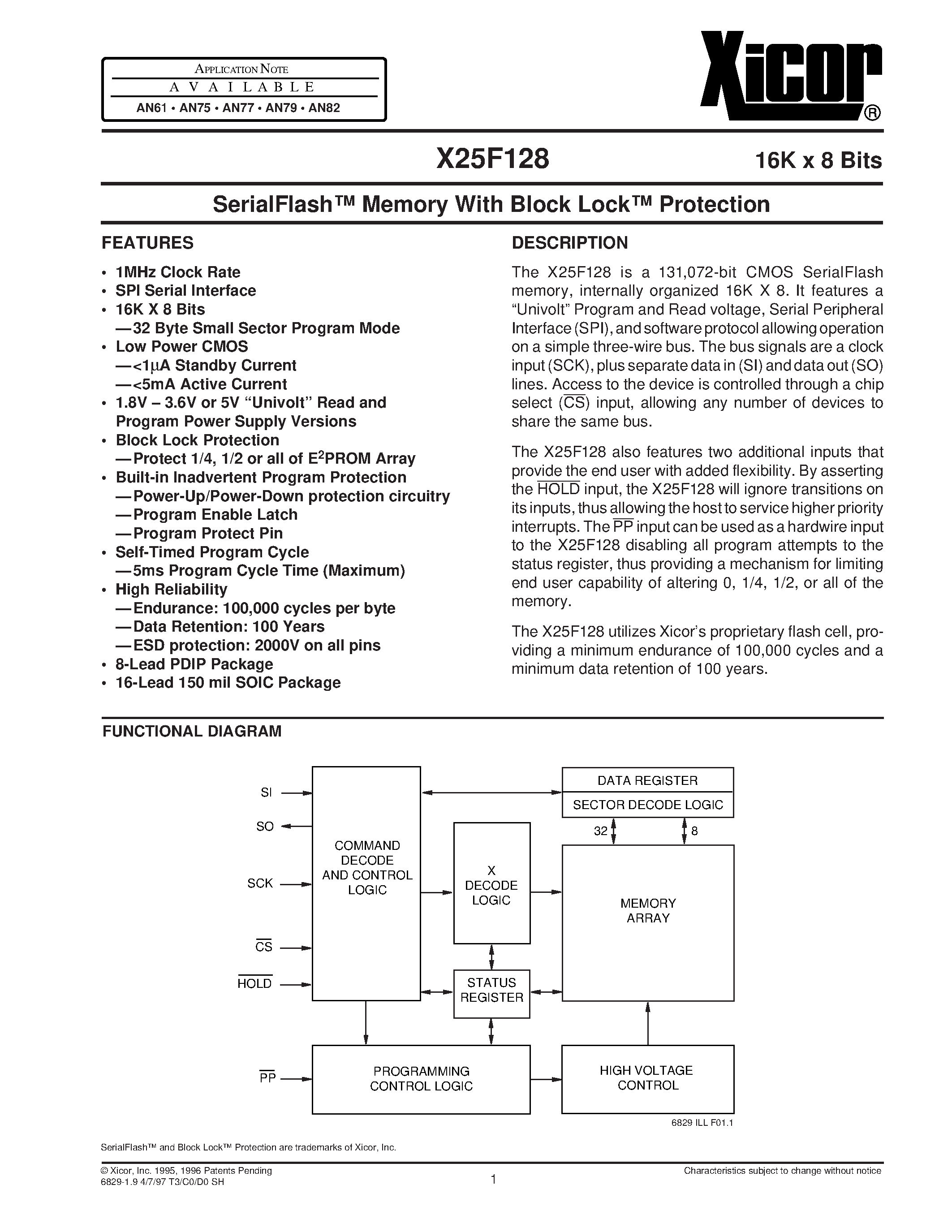 Datasheet X25F128PE-5 - SerialFlash Memory With Block Lock Protection page 1