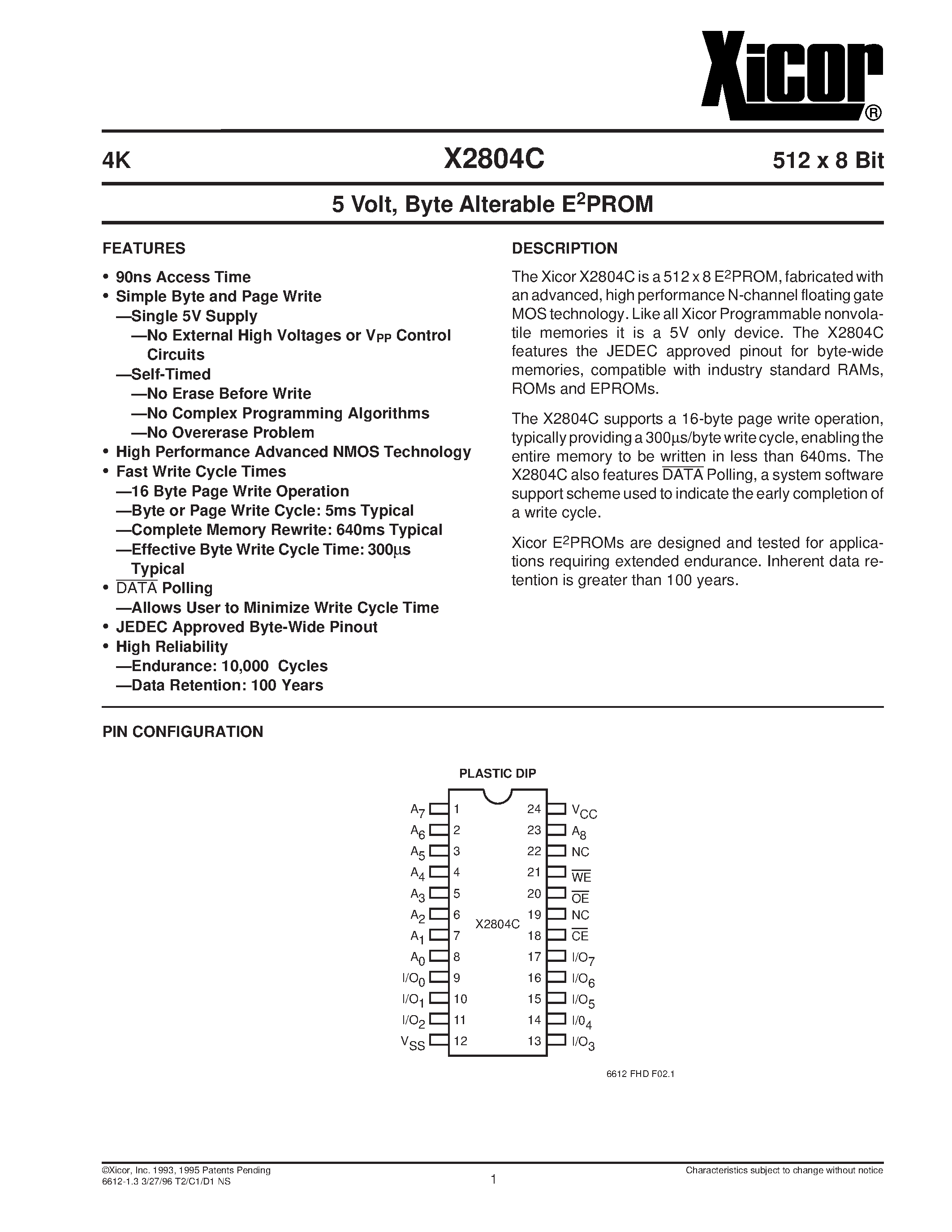 Datasheet X2804CPI-15 - 5 Volt/ Byte Alterable E2PROM page 1