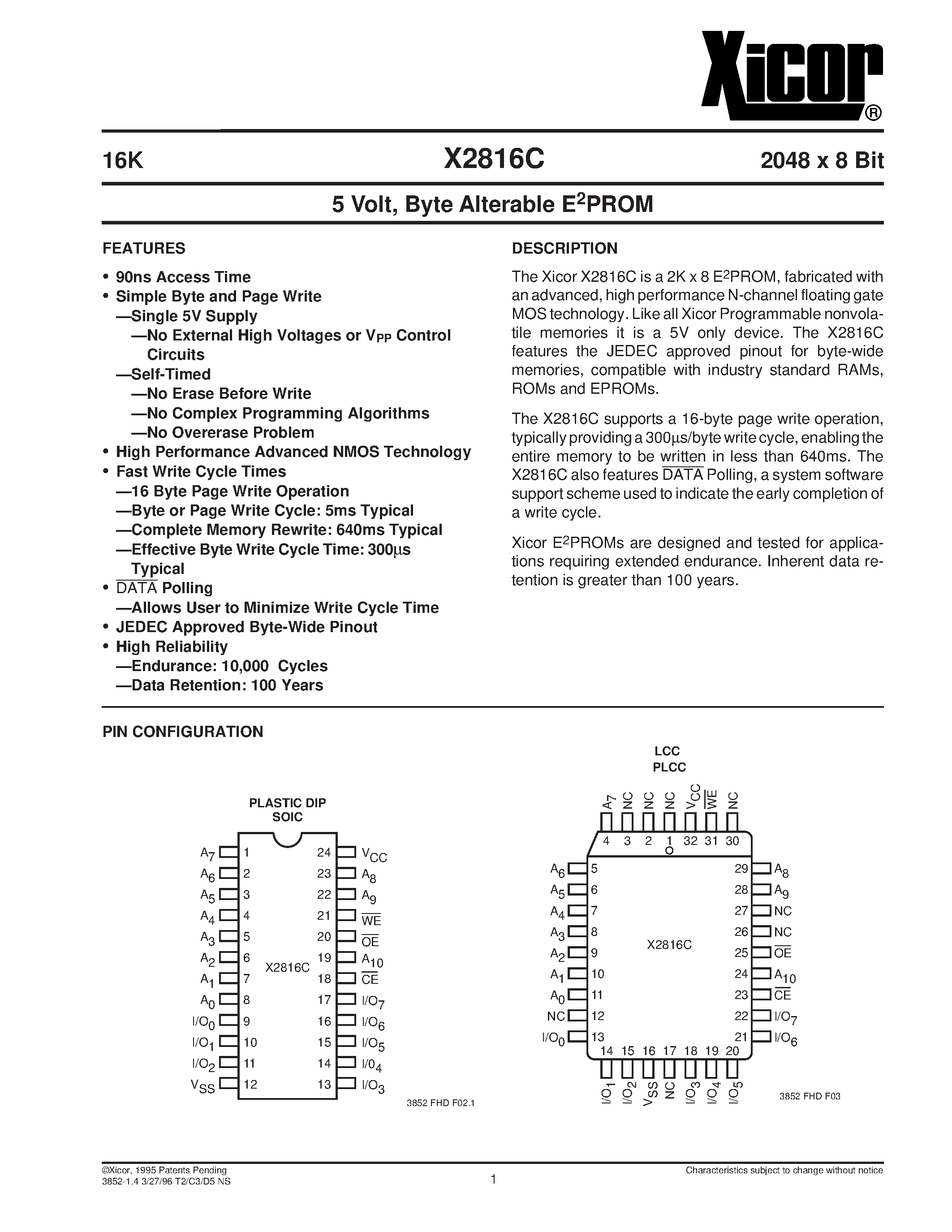Даташит X2816CP-20 - 5 Volt/ Byte Alterable E2PROM страница 1