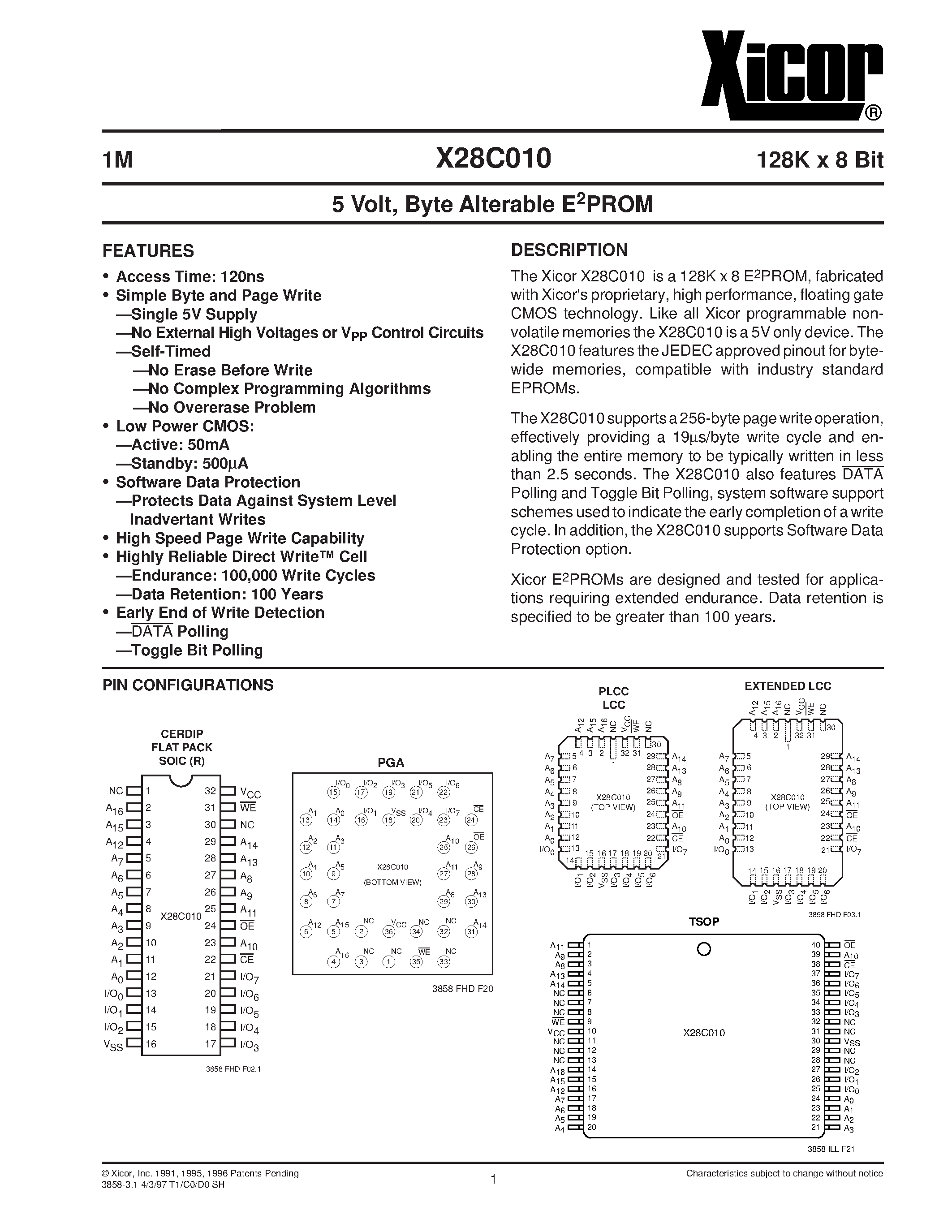 Datasheet X28C010J-15 - 5 Volt/ Byte Alterable E2PROM page 1
