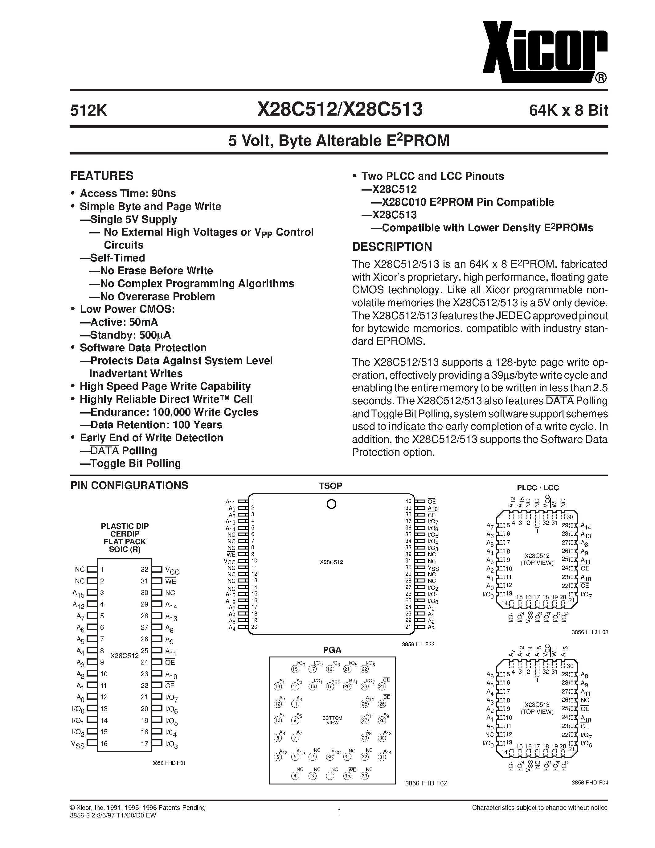 Datasheet X28C512F-25 page 1 Datasheet X28C512F-25 - 5 Volt/ Byte Alterable E2PROM page 1