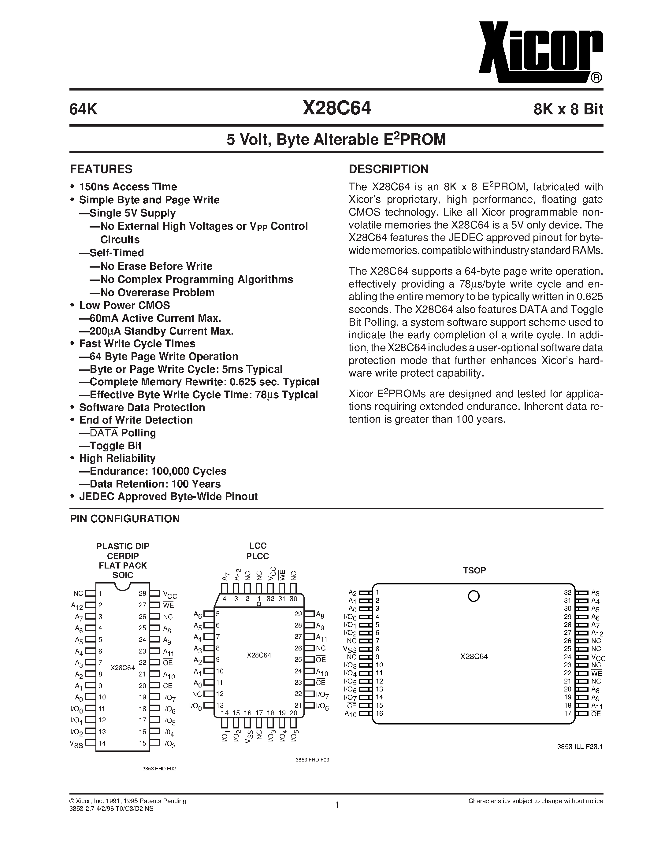 Datasheet X28C64PI-15 - 5 Volt/ Byte Alterable E2PROM page 1
