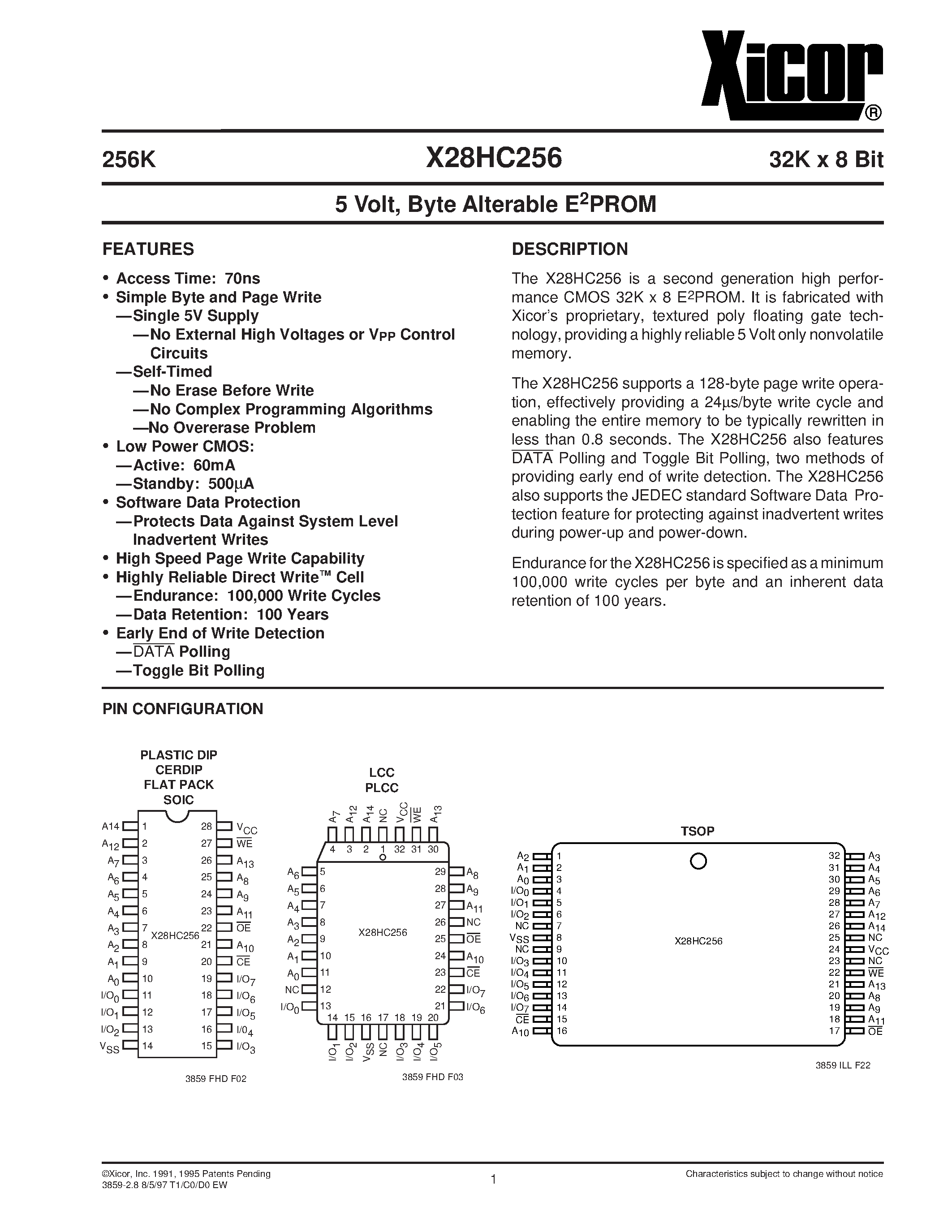 Datasheet X28HC256JMB-70 - 5 Volt/ Byte Alterable E2PROM page 1