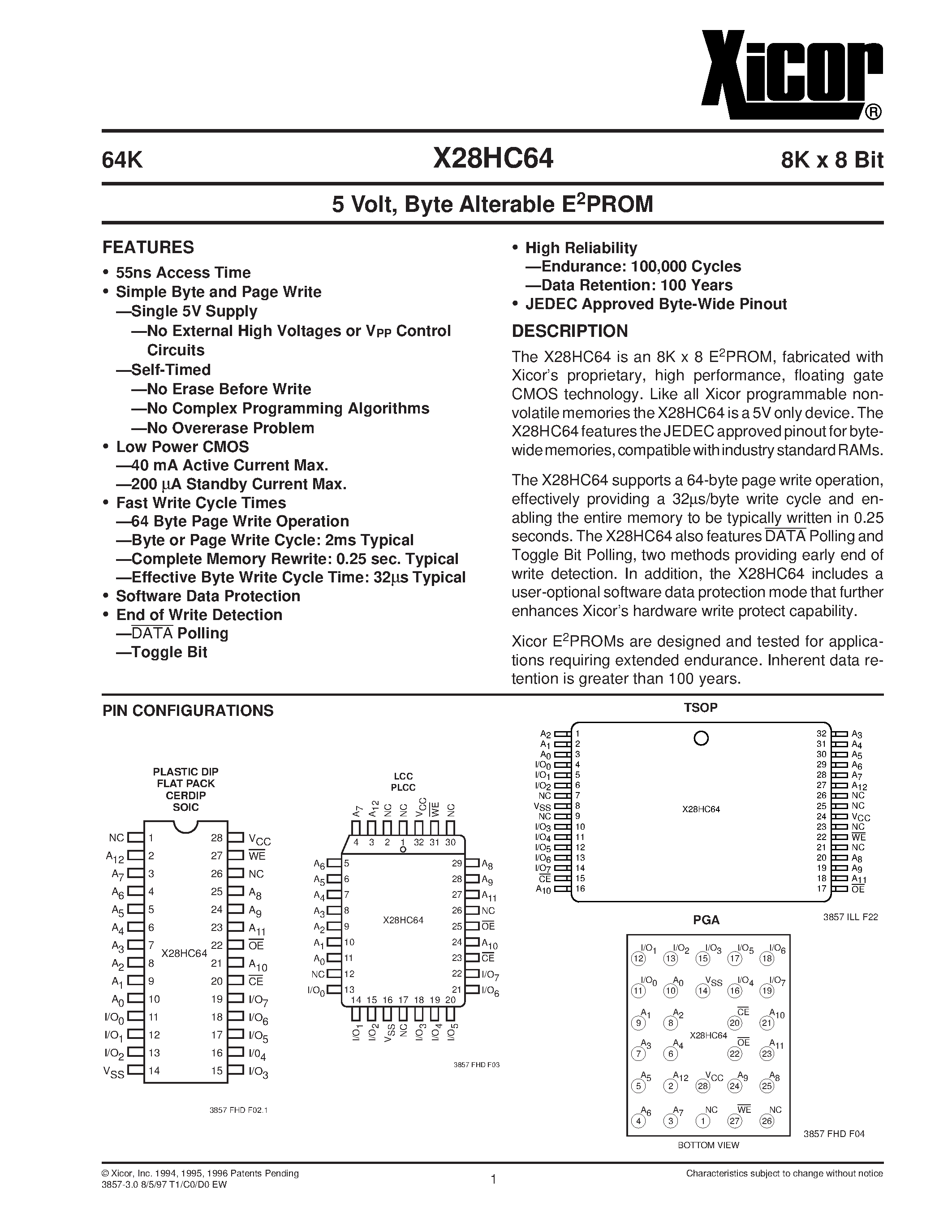 Даташит X28HC64KMB-90 - 5 Volt/ Byte Alterable E2PROM страница 1