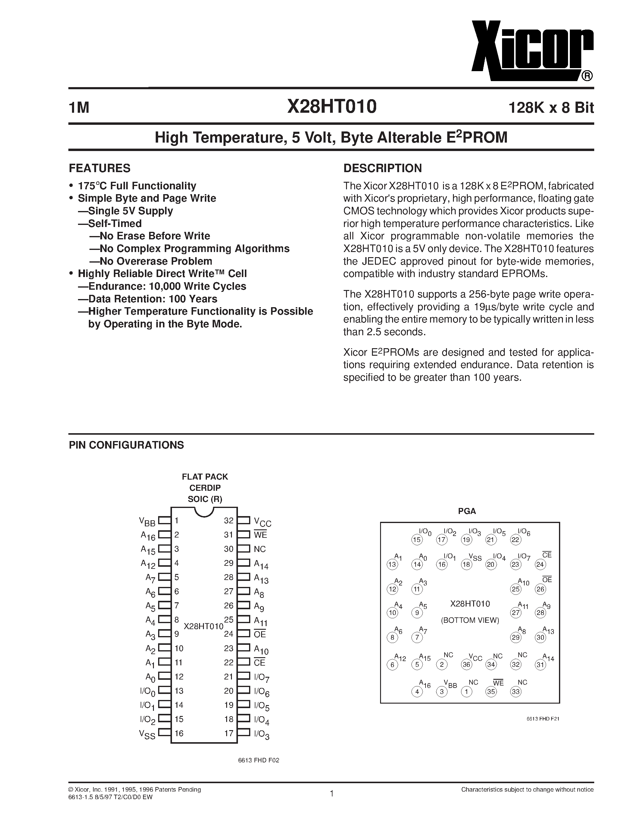 Datasheet X28HT010K-20 - High Temperature/ 5 Volt/ Byte Alterable E2PROM page 1