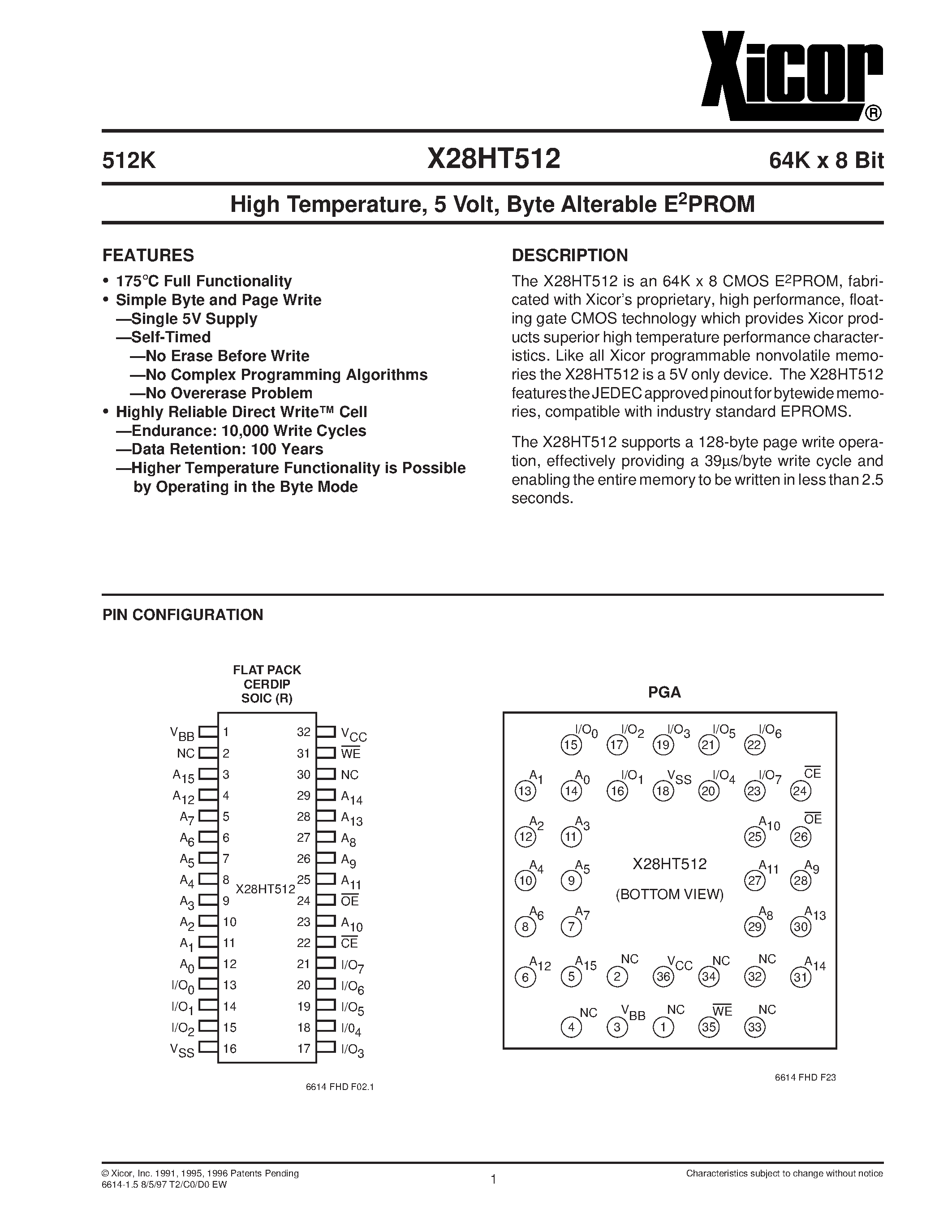 Datasheet X28HT512D-20 - High Temperature/ 5 Volt/ Byte Alterable E2PROM page 1
