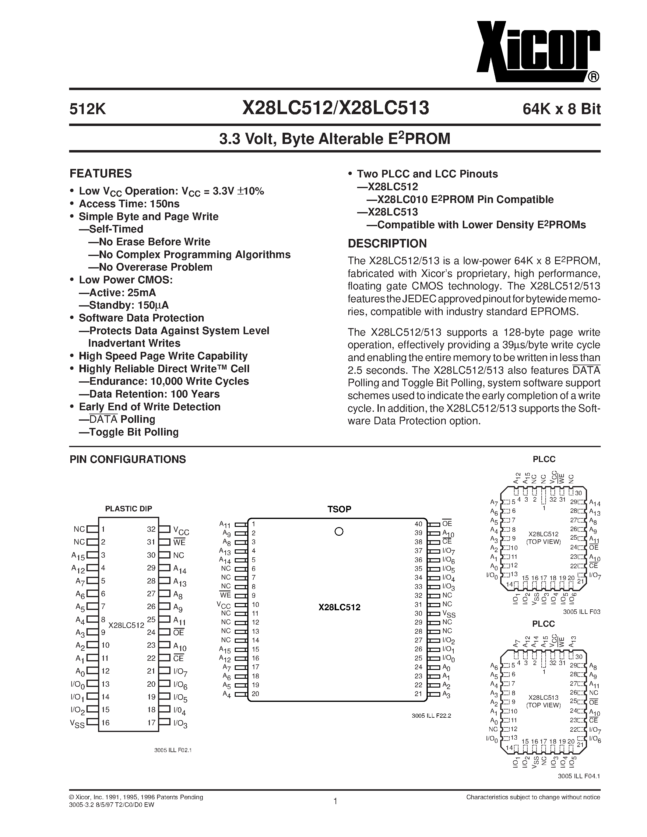 Datasheet X28LC512JI-15 - 3.3 Volt/ Byte Alterable E2PROM page 1