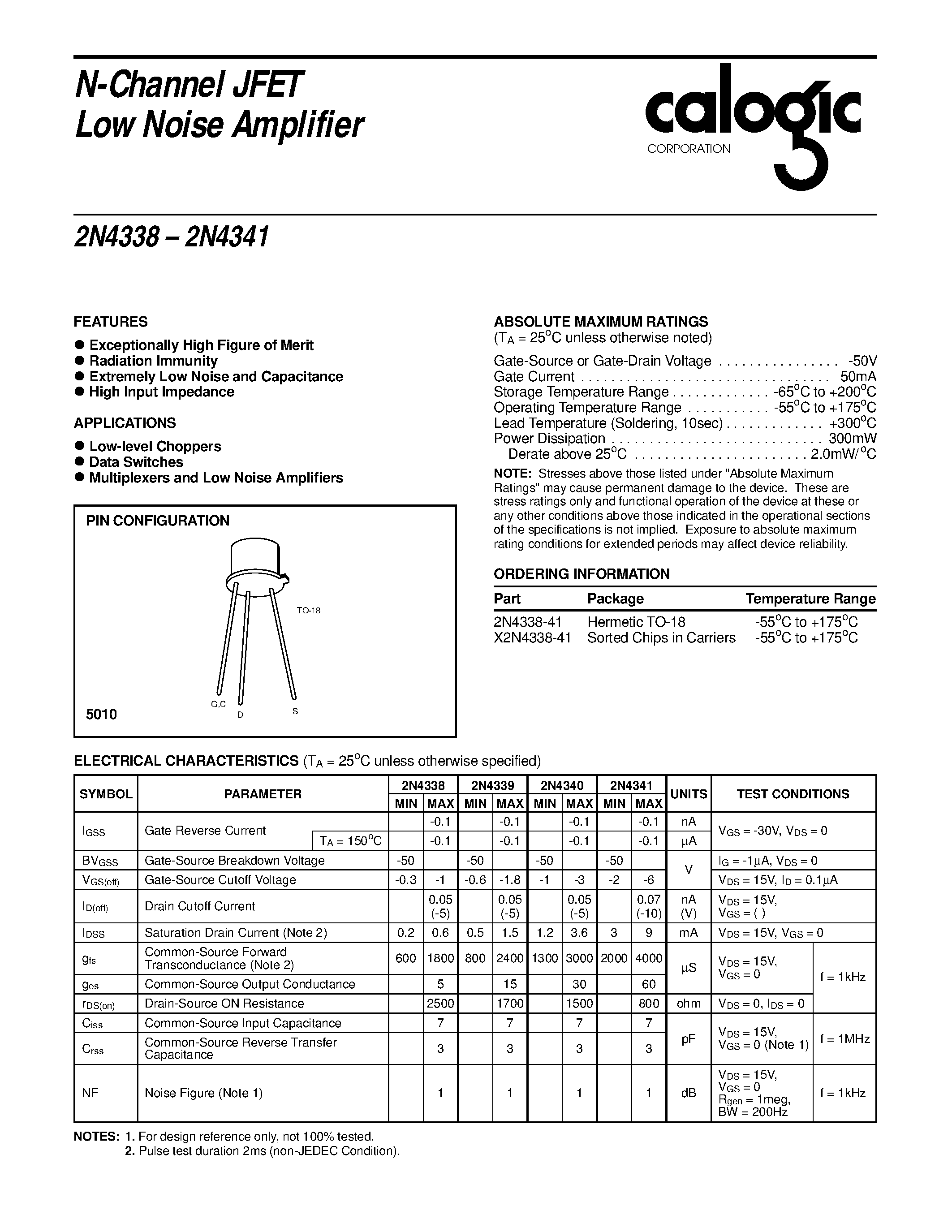 Datasheet X2N4338-41 - N-Channel JFET Low Noise Amplifier page 1